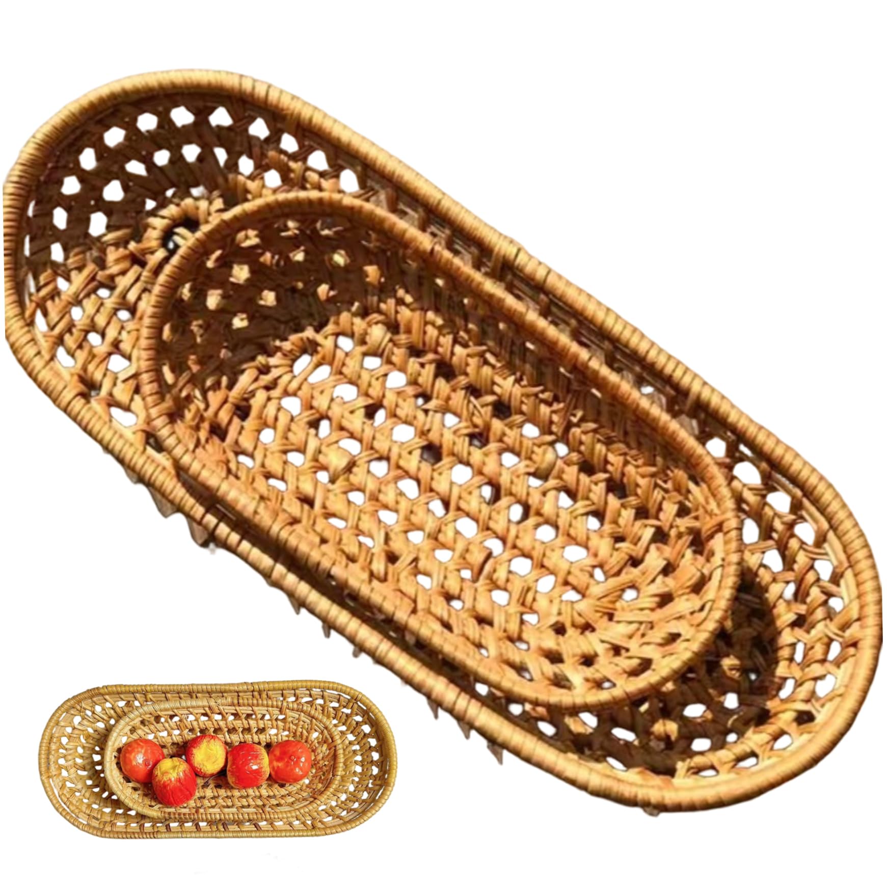 Hbbgdiy Wicker Bread Basket 2Pcs Oval Rattan Serving Baskets Long Narrow Rustic Design for Bread Baguettes Fruit Snack Flatware Storage and Table Display