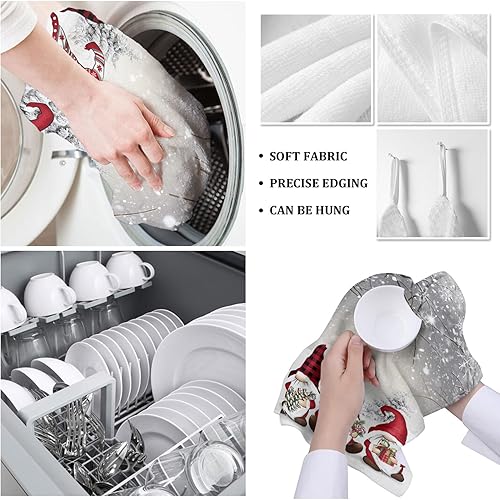 Miniatura 5 de Paquete de 2 toallas de cocina y paños de cocina, diseño de gnomos rojos navideños, rama, copo de nieve, árbol de Navidad, gris, 18 x 28 pulgadas,