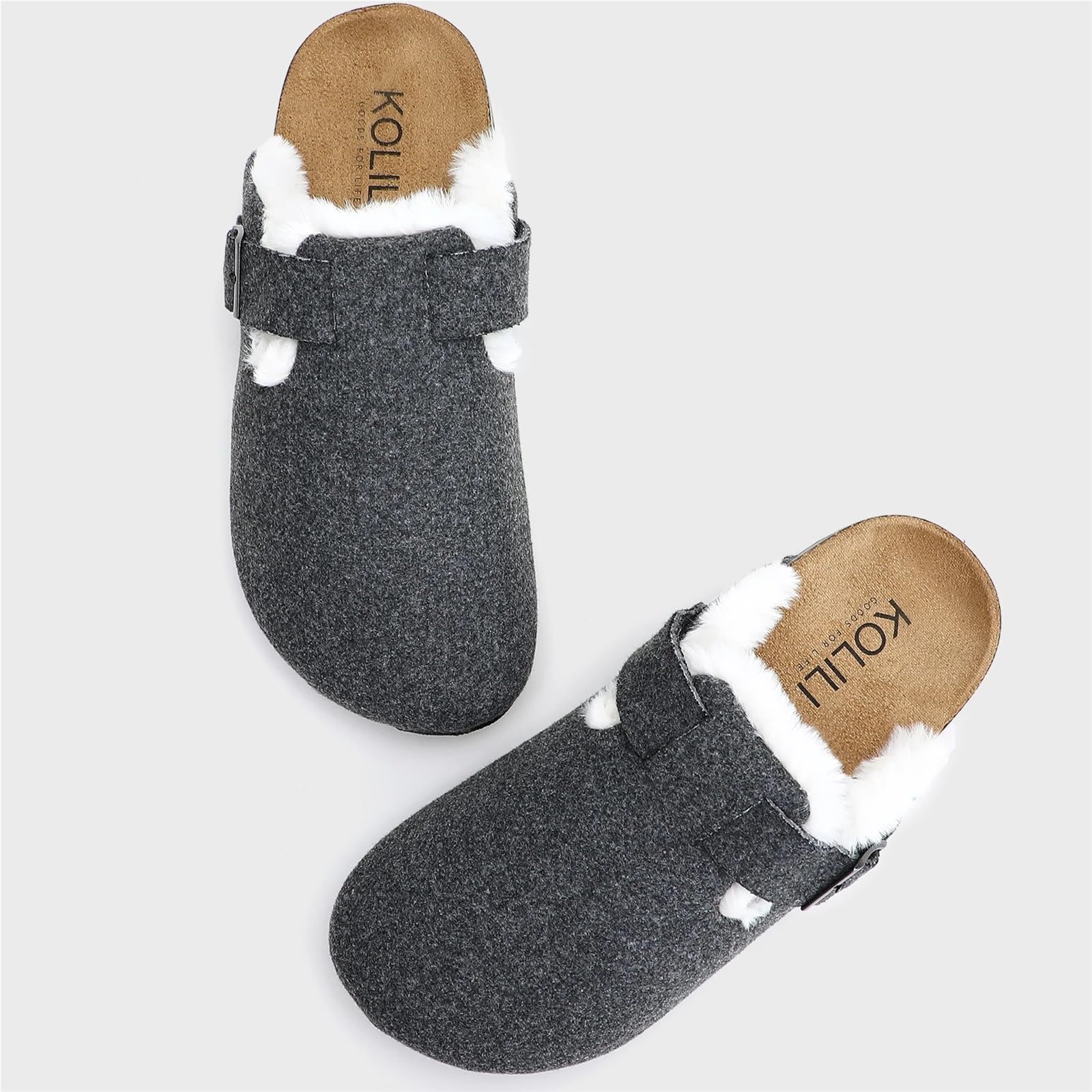 Zuecos de Corcho for Mujer, Pantuflas cálidas peludas for Interior y Exterior, Mules y Zuecos cómodos con Fieltro con Hebilla(GREYCORK,10-11)