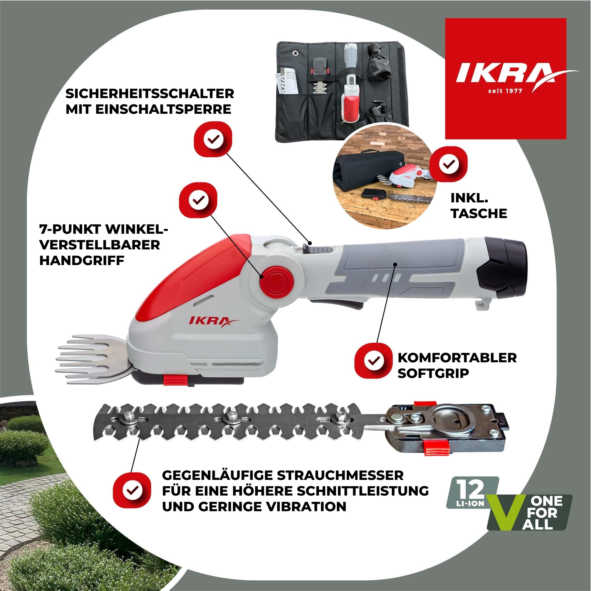 IKRA Akku Grasschere & Strauchschere IGBS 1210 2in1, inkl. Tasche | Inkl. Akku 12V & Ladegerät, 7-fach winkelverstellbarer Griff, Messer Made in Germany, kompatibel mit IKRA 12V Akku-Familie
