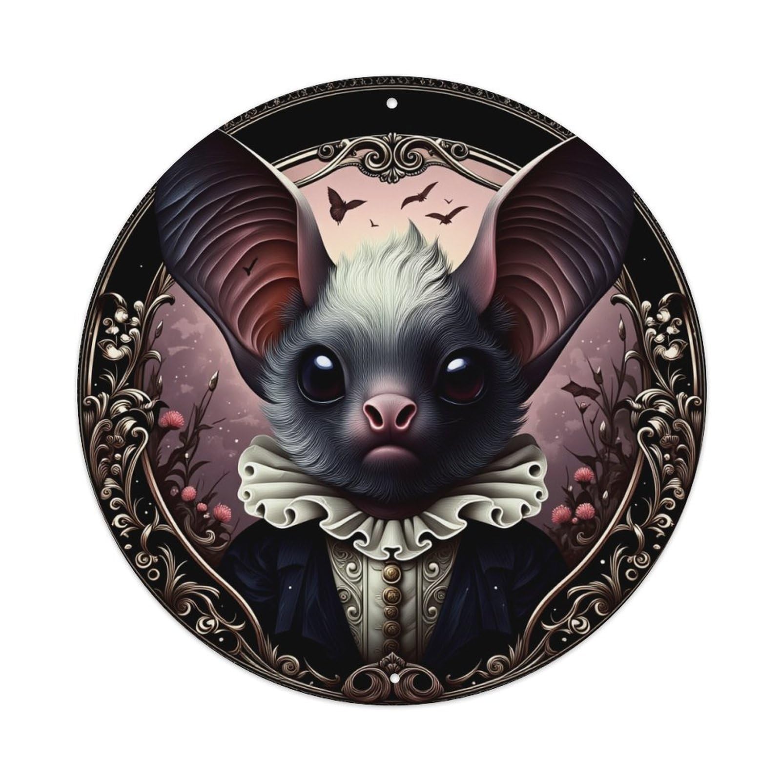 Bat Portrait Gothic Elegant Design Round Tin Sign Retro Metal Sign for Cafe Bar Pub Home Game Room Gym Club Wall Decoration Vintage Metal Poster 8x8 Inch