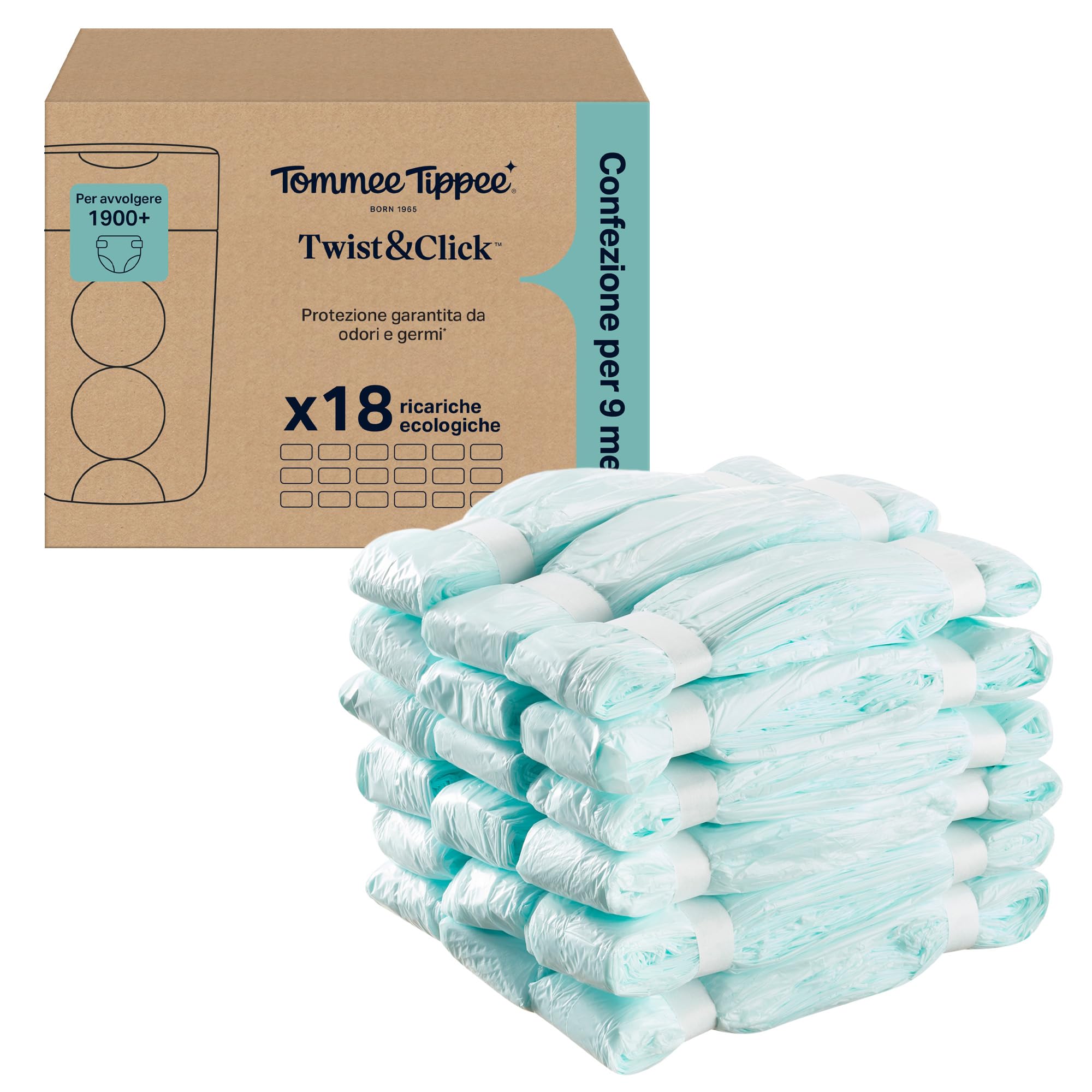 Tommee Tippee Sacchetti per mangiapannolini Twist & Click | 18 ricariche da 10, 5 metri, pellicola antibatterica* multistrato, da inserire nella ricarica in uso, 18 x 10, 5 m