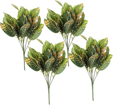 MERRYHAPY 4pcs Realistic Faux Croton Leaves Plant Picks Bundles Lifelike Artificial Tropical Plant for Home Outdoor Decor