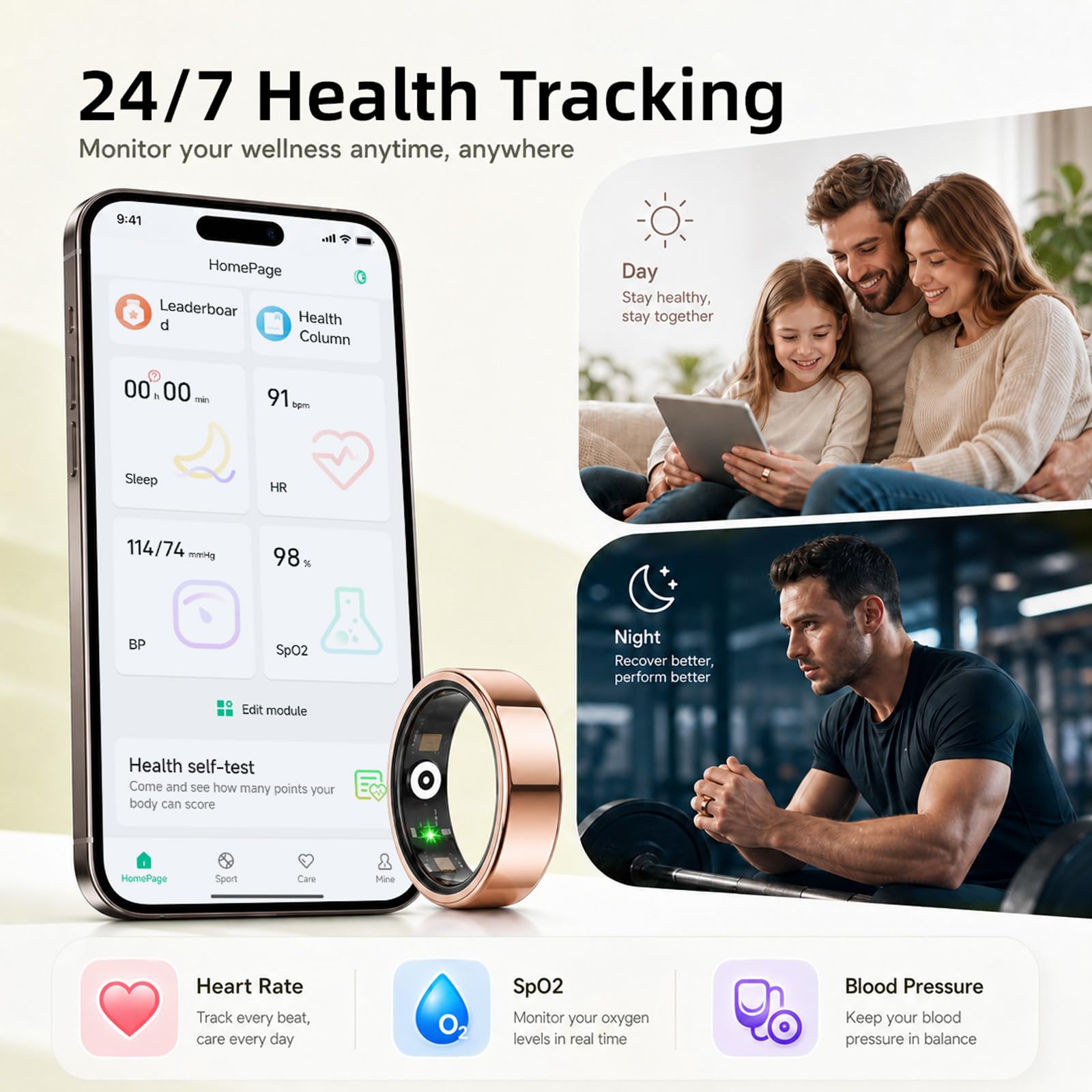 Anillo inteligente para mujeres y hombres, IP68 resistente al agua con monitor de frecuencia cardíaca, oxígeno en sangre y sueño, anillo de seguimiento de salud compatible con iOS y Android