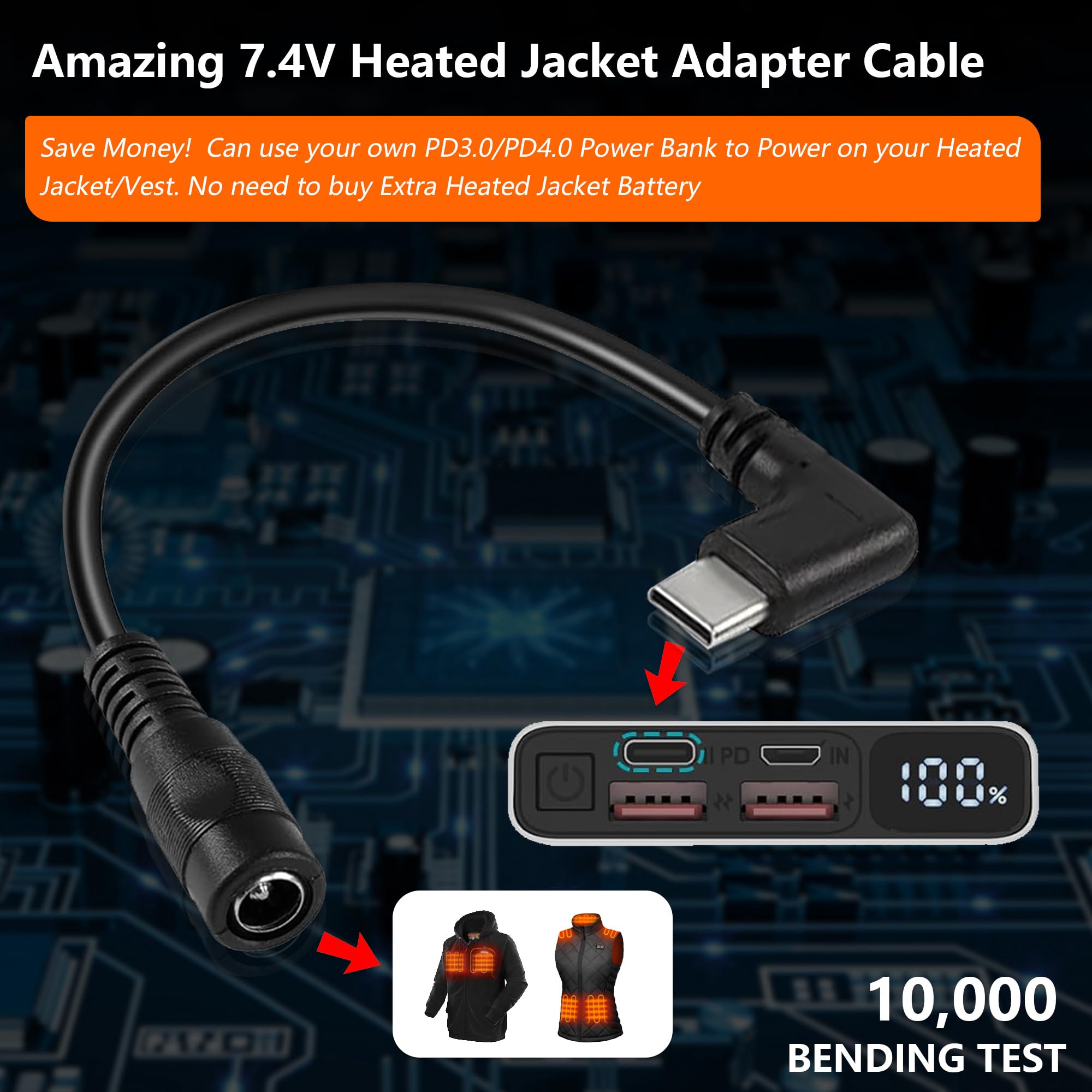 2pcs Adaptateur Type-C Vers DC Pour ORORO Vestes Et Gilets