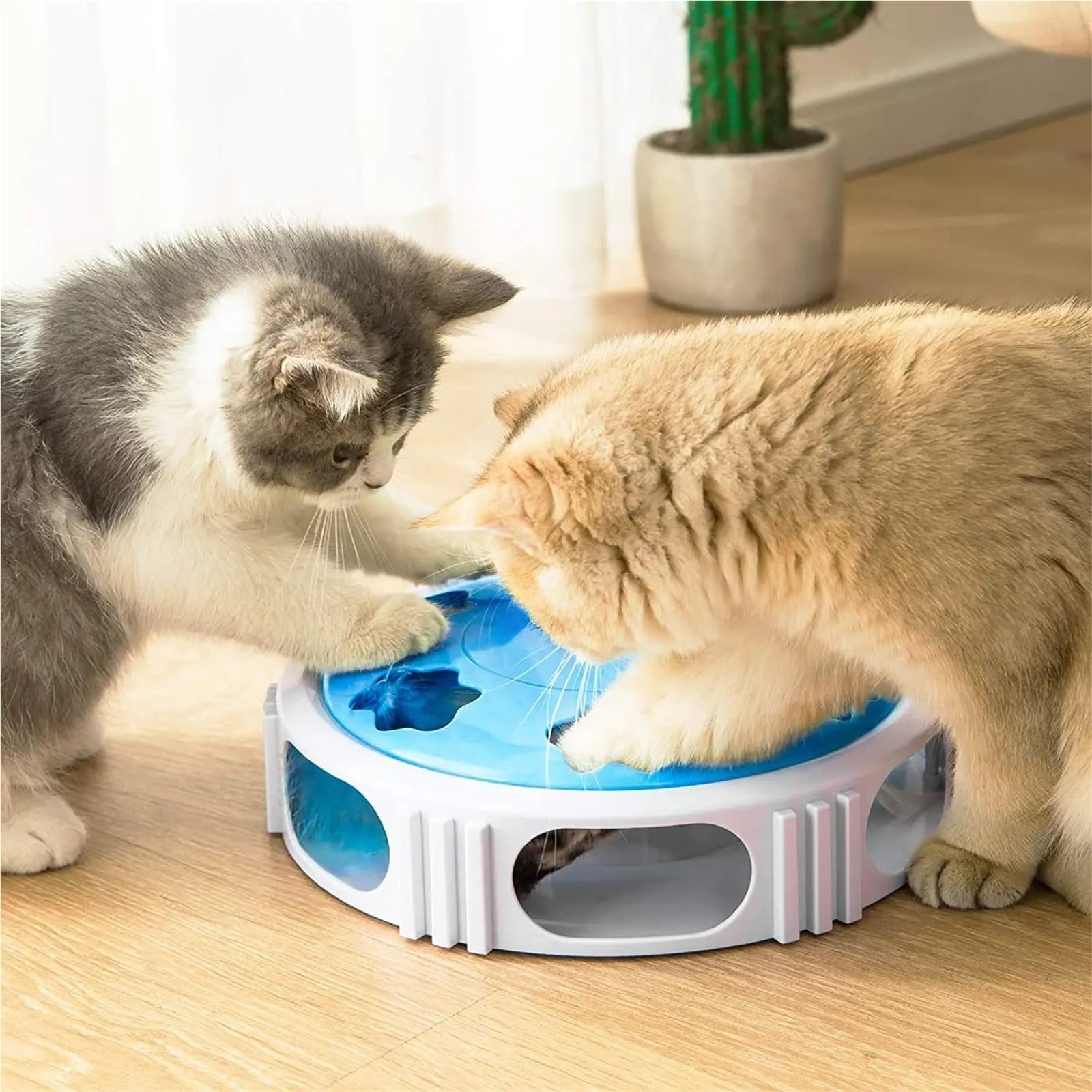Katzen-Drehteller-Spielzeug mit Feder und LED-Licht, automatische Drehung, interaktives Katzenspielspielzeug (Rosa)