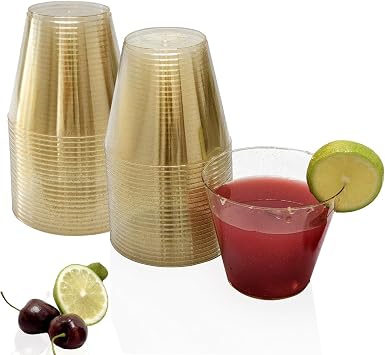 9 oz 50 PCS Gold Glitter Disposble Cups, Reusable Glitter Plastic Cups, Elegant Plastic Cocktail Glasses, Hard Tumblers Clear Party Cup for Weddings Thanksgiving, Christmas,etc.