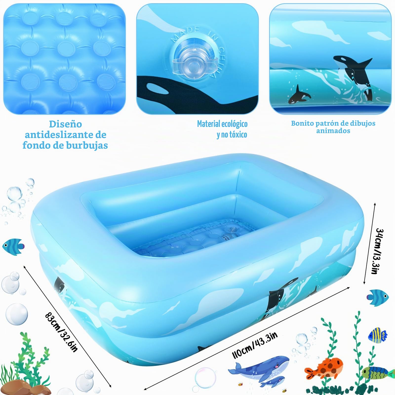 Piscina Hinchable para Niños, 110 x 83 cm Piscina Hinchable de Bebés, Piscina Hinchable Infantil, Verano Piscina de Agua para Niños, Piscina Inflable de jardín Exterior Interior