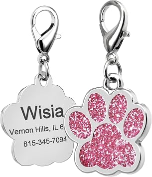 Glittery Paw Print Pet ID Tags Engraved Personalized Dog Tags Cat Tags, Customized with 4 Lines of Personalized Text, Solid Stainless Steel with 6 ColorsPink,Red,Blue,Rosy,Gold,SilverPink
