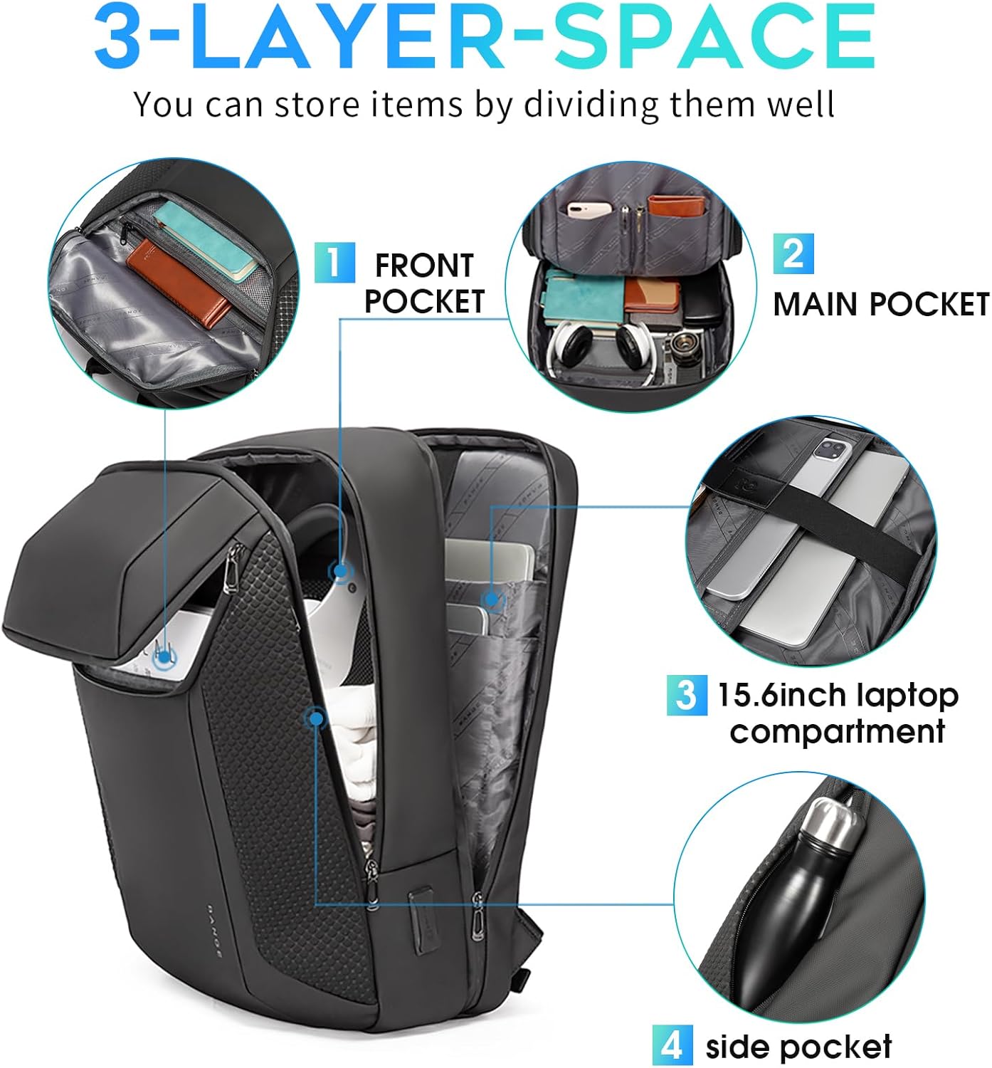 BANGE Men's Backpack for Work, Travel Laptop Backpack Fits 15.6 Inch Notebook, Business Work Backpack with USB3.0 Fast Charging Port…