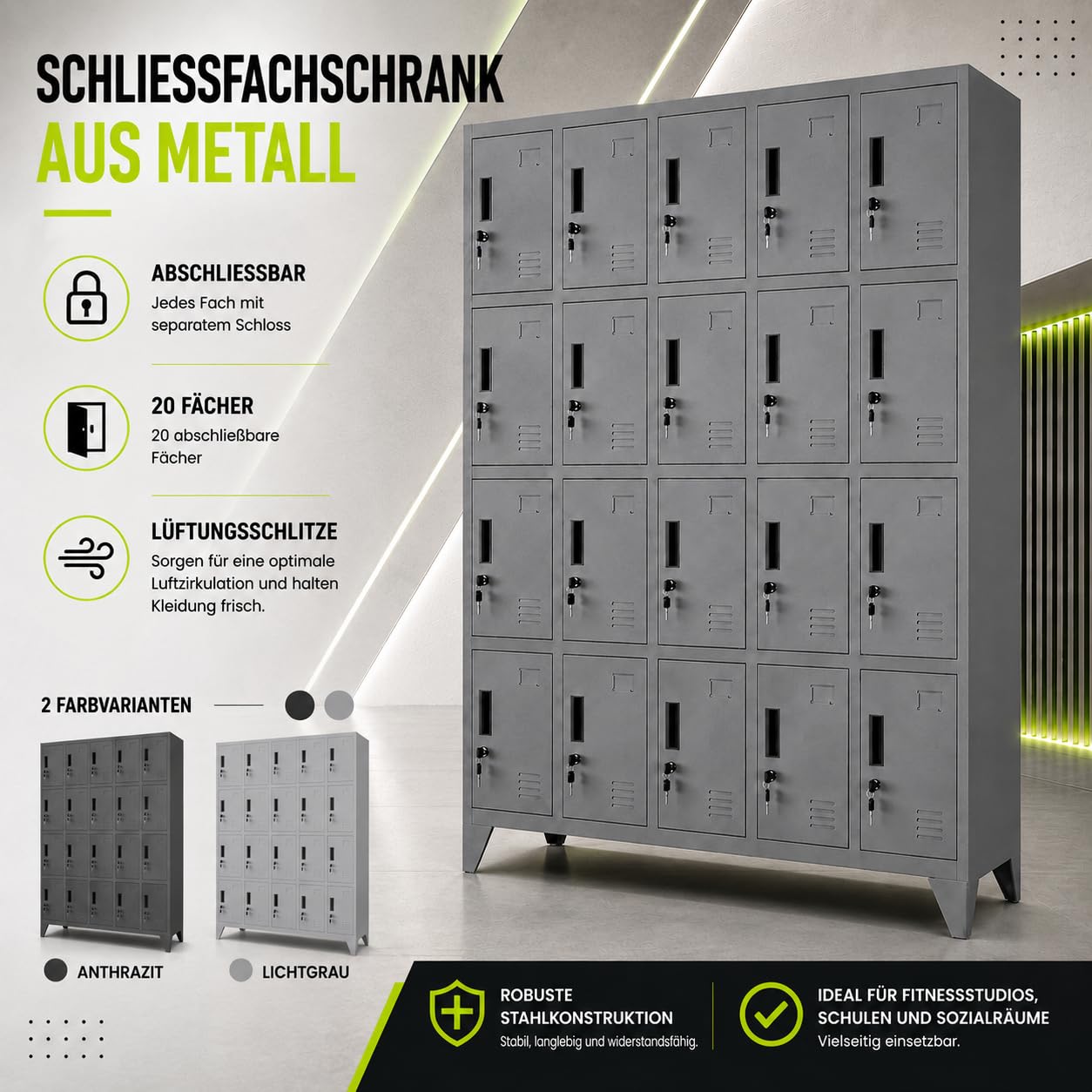 Muralo Schließfachschrank mit 20 Fächern, Metall, Abschließbar - Grau | Umkleideschrank 172x136x45 cm, Sicherheitszylinderschloss, Lüftungsschlitze, Etikettenhalterung - für Schule, Fitnessstudio