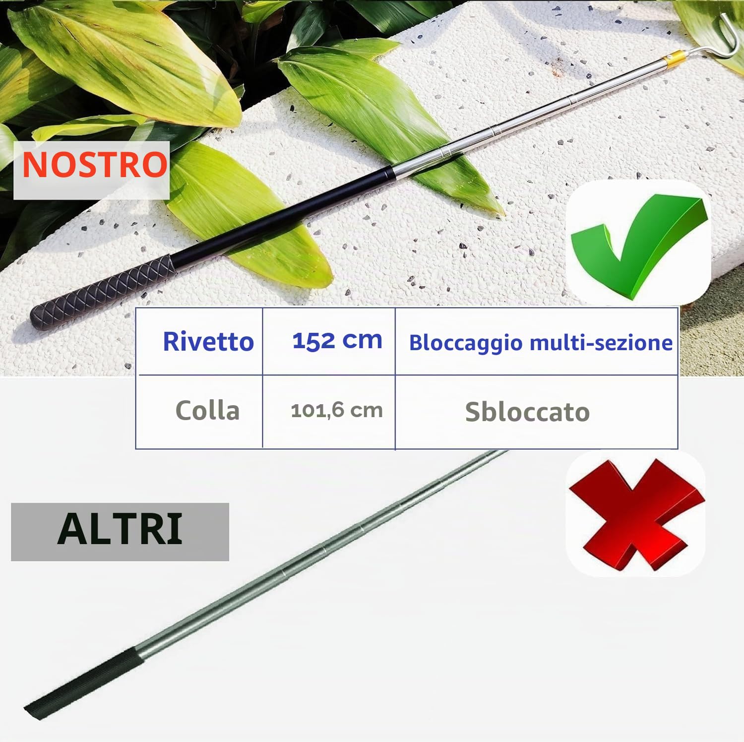 Asta Telescopica 150 cm Gancio a Serpente Acciaio Inox per Tenda Apri Tenda