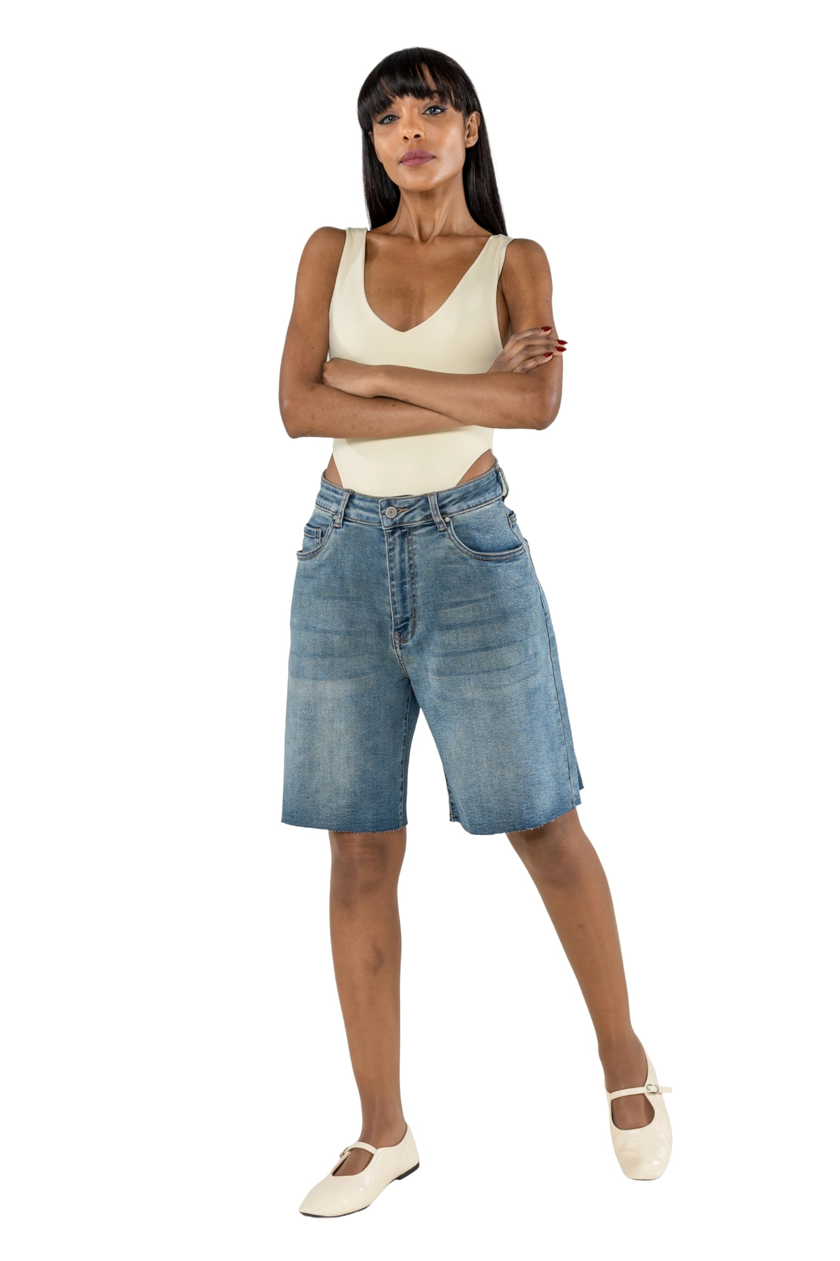 Nina Carter Short en jean pour femme P619 – Bermuda long en denim, coupe ample, ourlet effiloché, short d'été en jean stretch pour femme