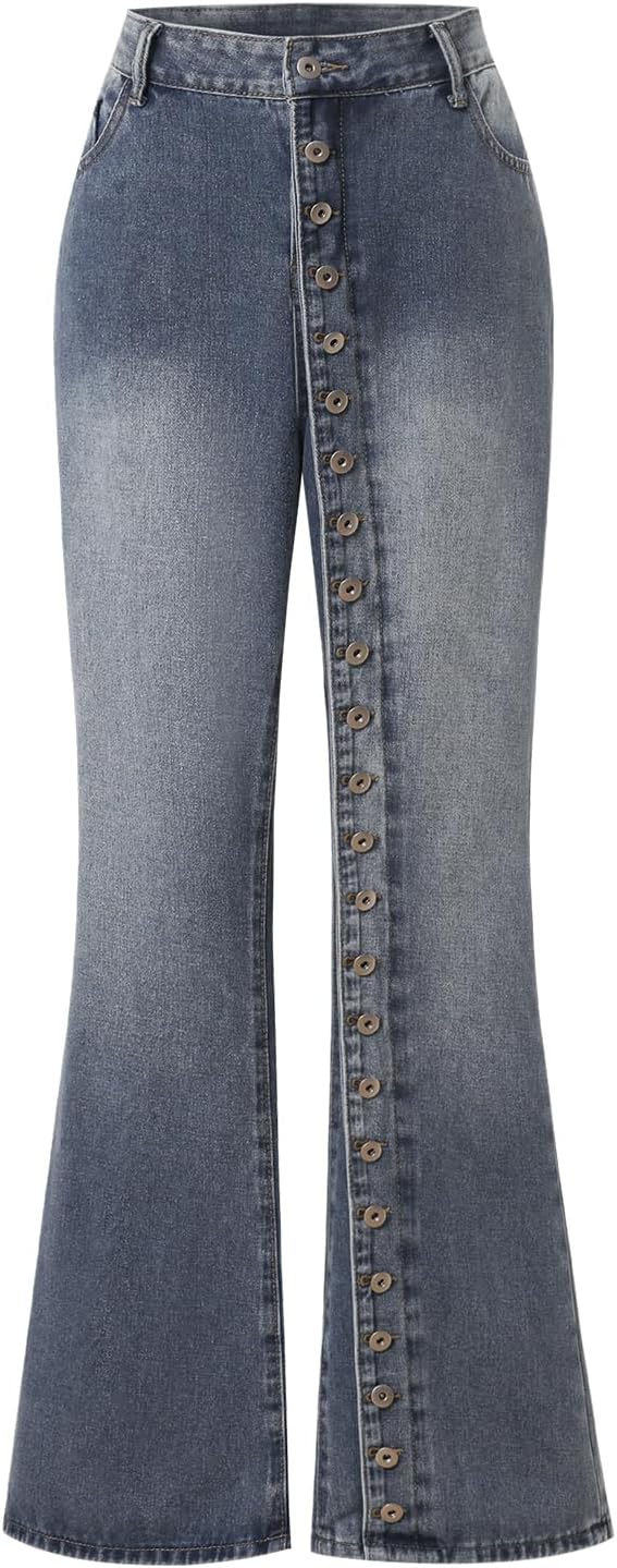 Womens Jeans High Waist Straight Leg Button Down Boyfriends Denim Pants Y2K Streetwear