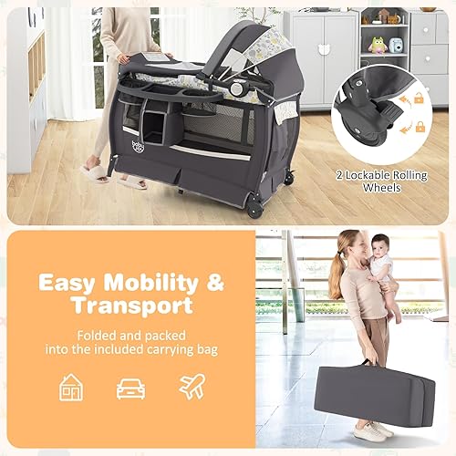 Miniatura 9 de BABY JOY 4 en 1 Pack and Play, corralito portátil para bebé con moisés y mesa de cambio abatible, toldo, centro de actividades de moisés para bebés