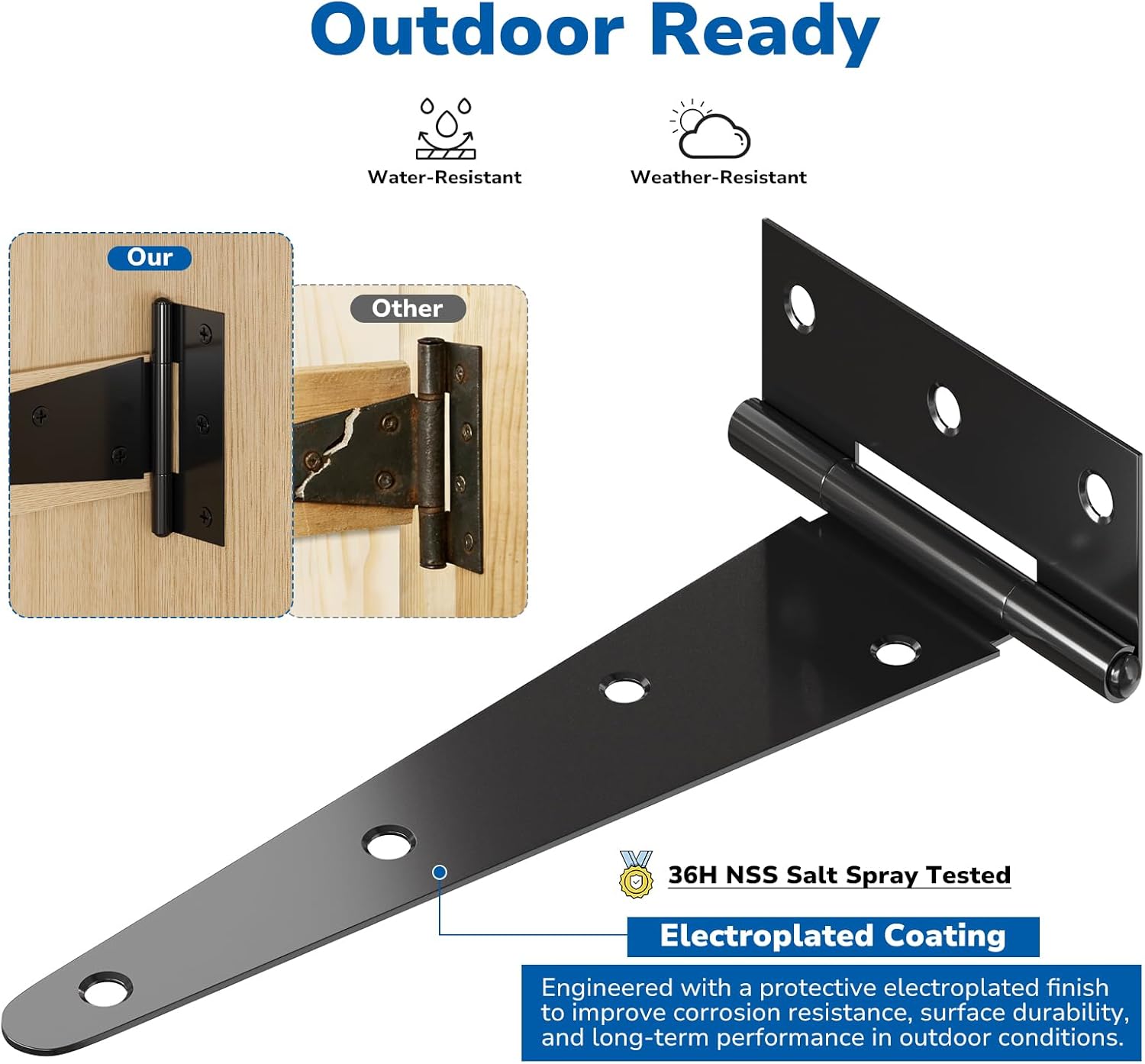 HOSOM Heavy Duty Hinges, 8 Inch T Strap Hinge for Wood, Shed Tee Hinge, Outdoor Gate Black Hinges for Barns and Wood Fence, Screws Included, 6 Pack