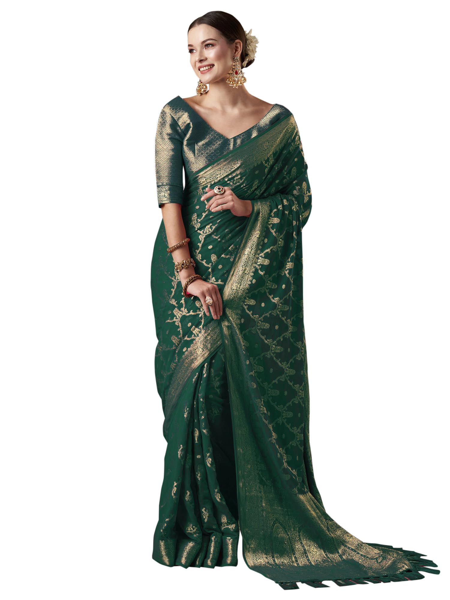 akhilam Women's Woven Design Leheriya Georgette Saree With Unstiched Blouse Piece-picture-11