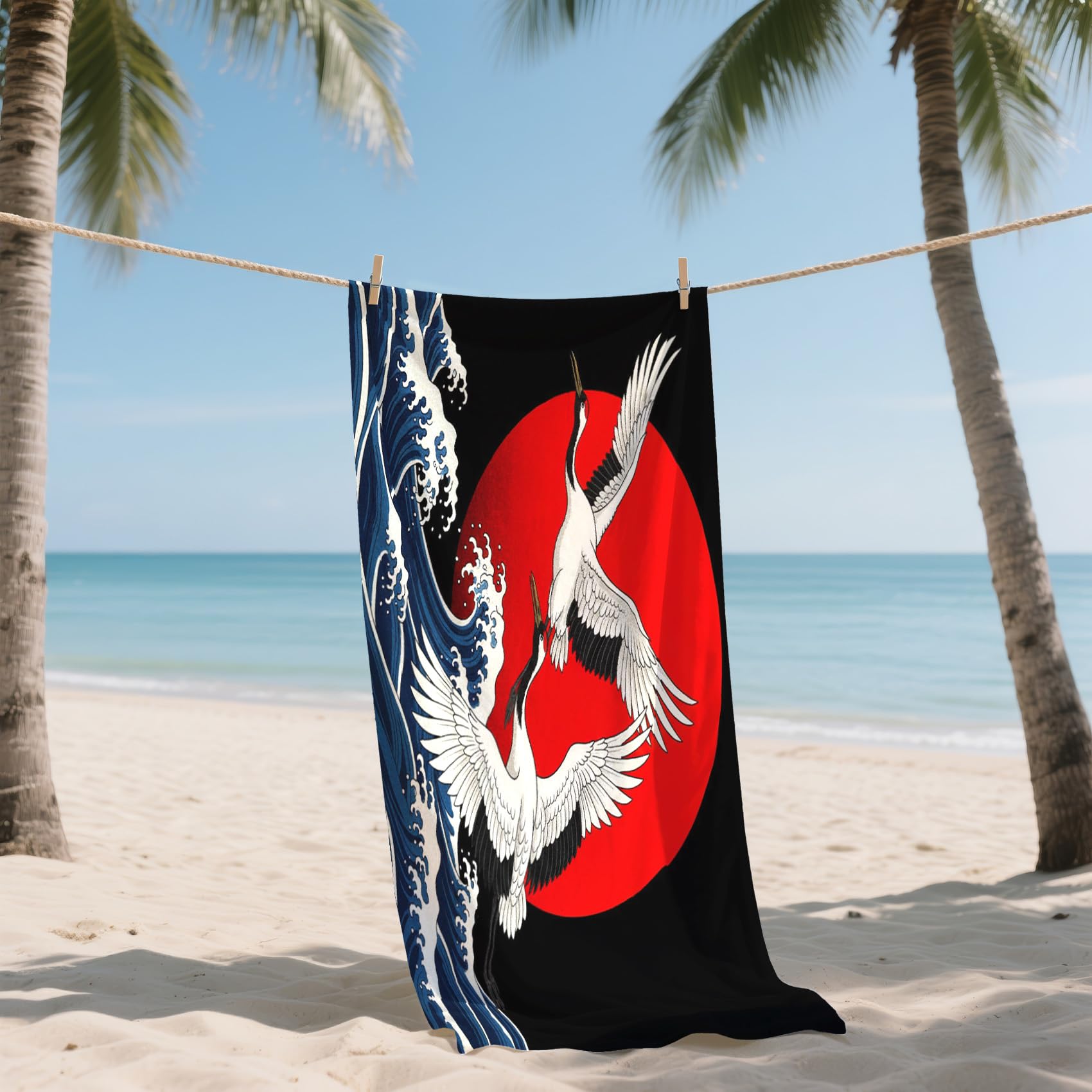Serviette de Plage XXL Microfibre Style Asiatique Vague Japonaise, Drap de Plage Séchage Rapide Anti Sable & Légère, Serviette de Bain Grande Taille 200x200 cm, Accessoire & Cadeau été