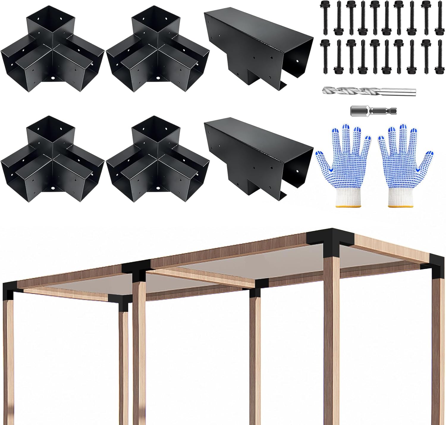 Pergola Bracket kit,3-Way Right Angle Corner & T-Shaped Flat Bracket for 4" x 4" (Actual: 3.5" x3.5'') Wood Beam for Outdoor Gazebos,Patio Pergolas,Log Cabins - 6Pack