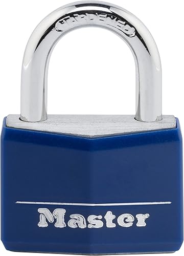 Master Lock Candado con llave de aluminio cubierto de vinilo azul, cerradura pequeña para gimnasio o armario escolar se puede utilizar en interiores