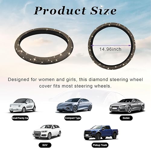 Miniatura 2 de Dickno Funda brillante para volante, protector de volante de automóvil con diamantes de cristal de 15 pulgadas para mujeres y niñas, accesorios de