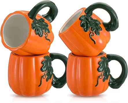 Domensi 4 Pack Thanksgiving Fall Coffee Mugs Pumpkin Shape Mugs 12 oz Reusable Ceramic Fall Cup with Handles for Pumpkin Spice Drinks, Tea, Hot Cocoa, Women Men Thanksgiving Gift
