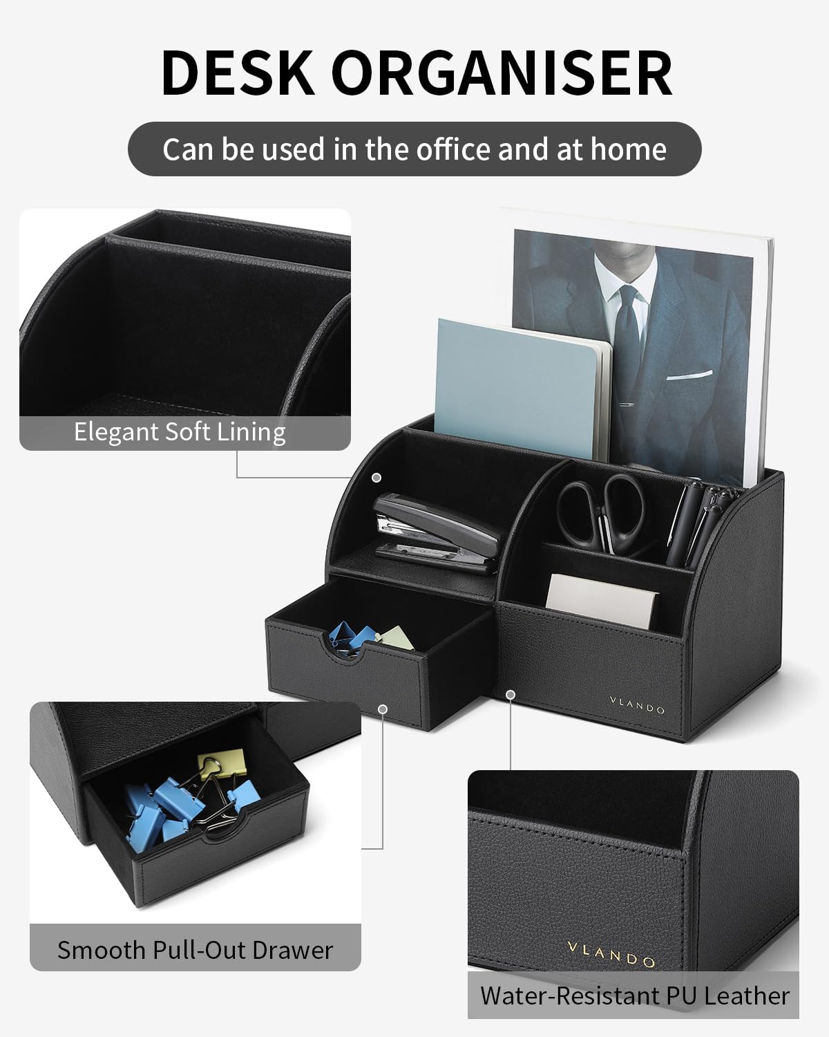 Vlando Organiseur de bureau avec tiroir multifonction en cuir avec support pour stylos et Noir