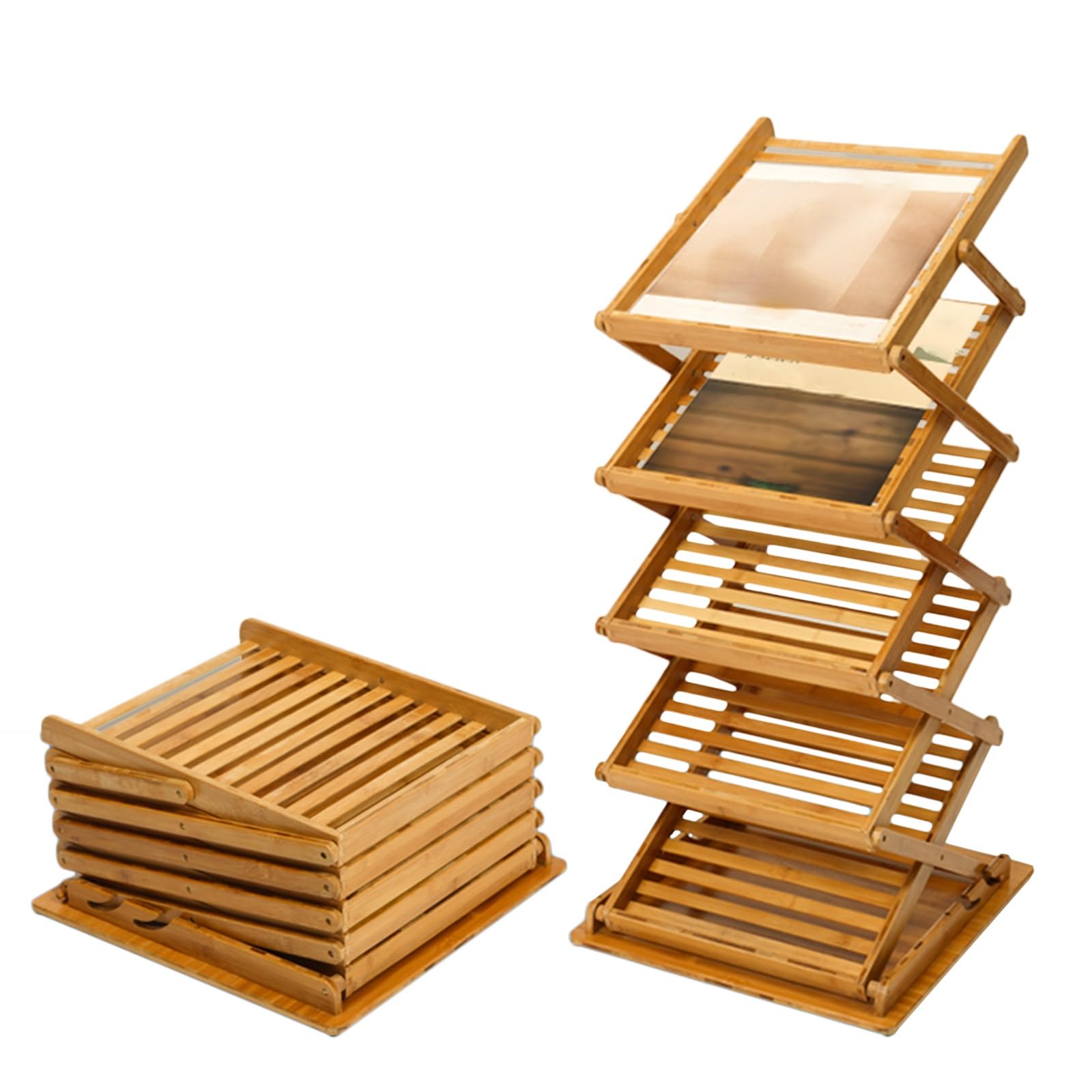 ASerZenith Bamboo Catalog Rack, 5 Layers Pop-Up Foldable Display Rack for Magazine Information Brochure Display, Hotel Lobby Office Reception Area Use