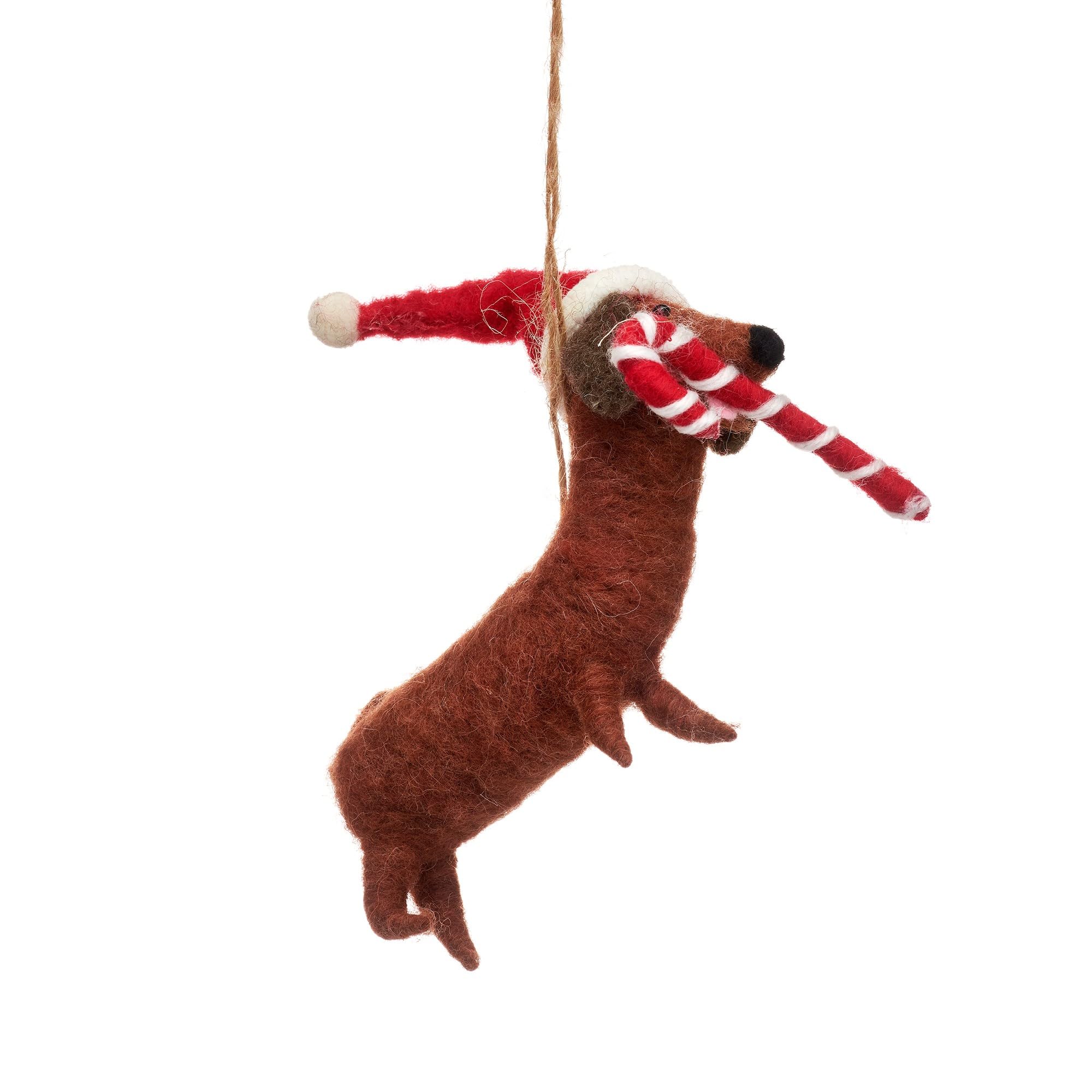Sass & Belle Red, Green Sausage Dog With Candy Cane Hanging Decoration