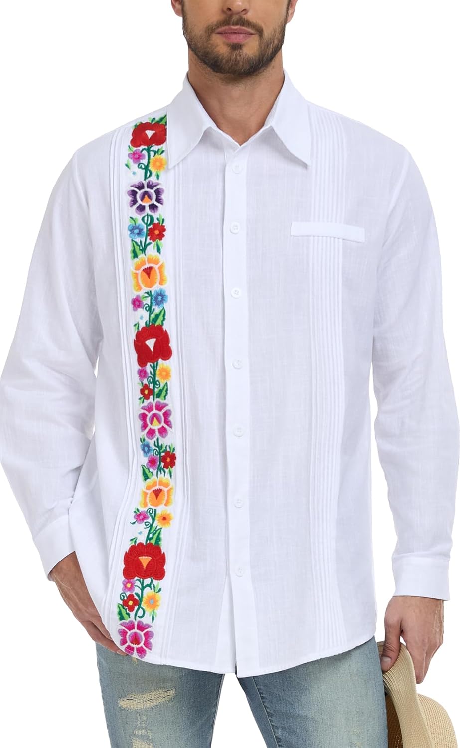 YZXDORWJ Men's Mexican Shirts Cuban Guayabera Shirt Casual Long Sleeve Embroidered Linen Summer Beach Shirts