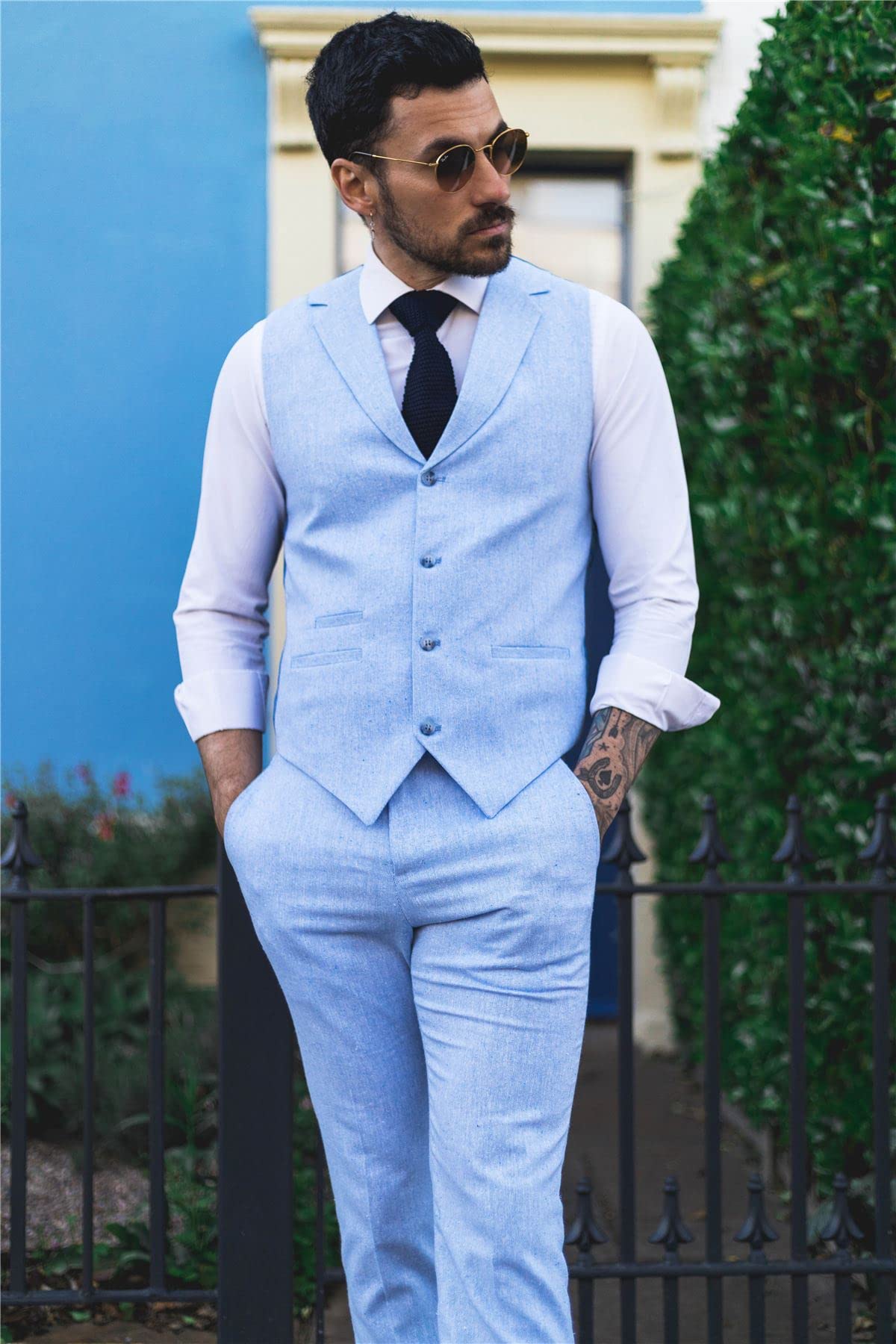 Abito estivo da uomo, in lino, elegante, formale, blu, matrimonio