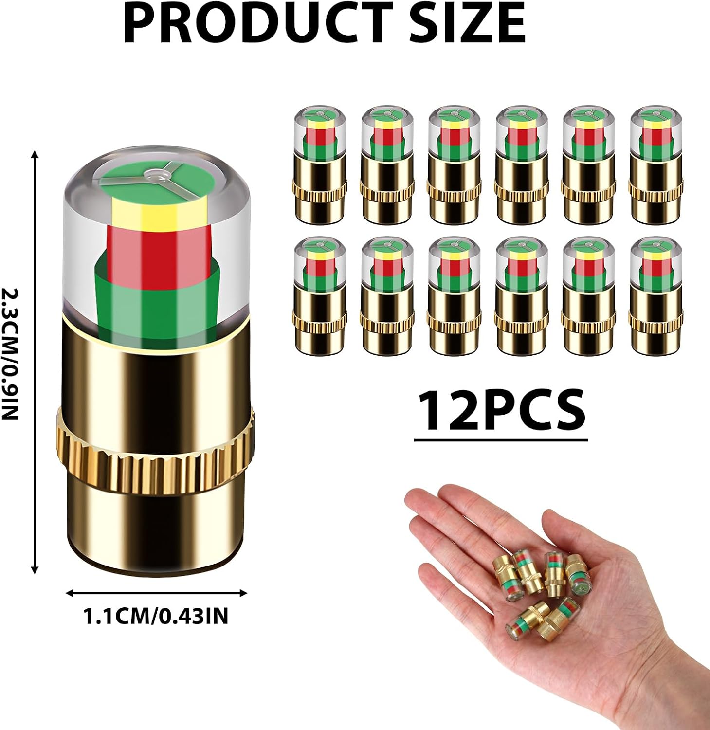 12 Pcs Gold Tire Pressure Monitor Caps, 2.4Bar 36PSI Valve Stem Caps with 3 Color Alert, Universal Tire Pressure Sensor Indicator for Cars, Smart Tire Pressure Caps