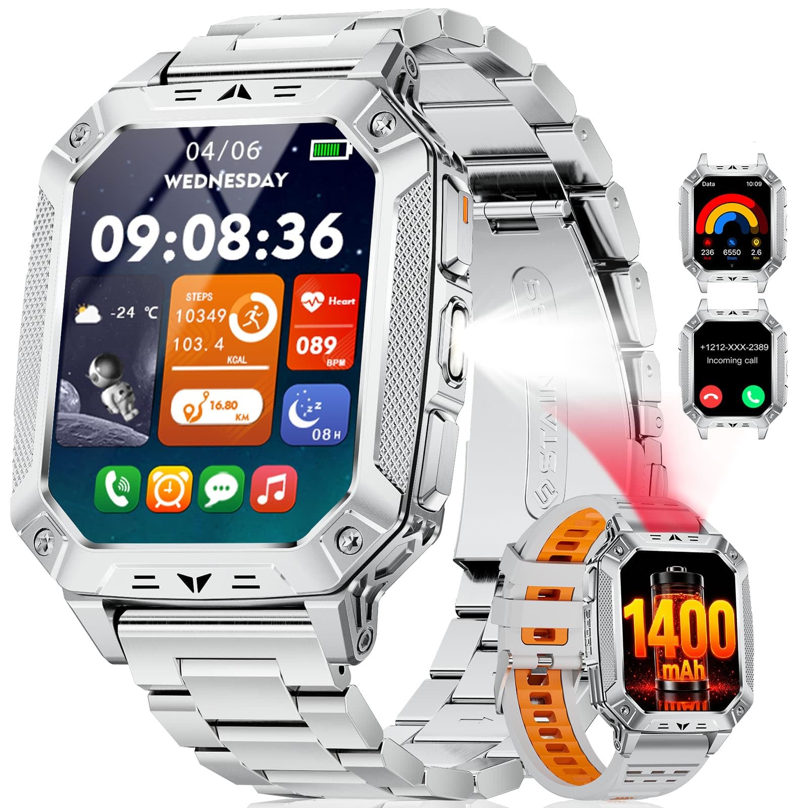 SUNKTA Montre Connectée Homme 1400mAh, 2.01'' Smartwatch avec LED Lampe, 110+ Modes Sportifs, Étanchéité IP68, Appels Bluetooth Smartwatch Militaire, Surveillance Cardiaque 24H,Sommeil, SpO2