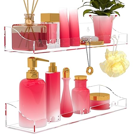 XQIGI Acrylic Shelves Bathroom 2 Pack Clear Shower Floating Shelf with Hooks Transparent Wall Mounted No Drilling Thick Storage Display Shelving (2 Pcs Shelves)
