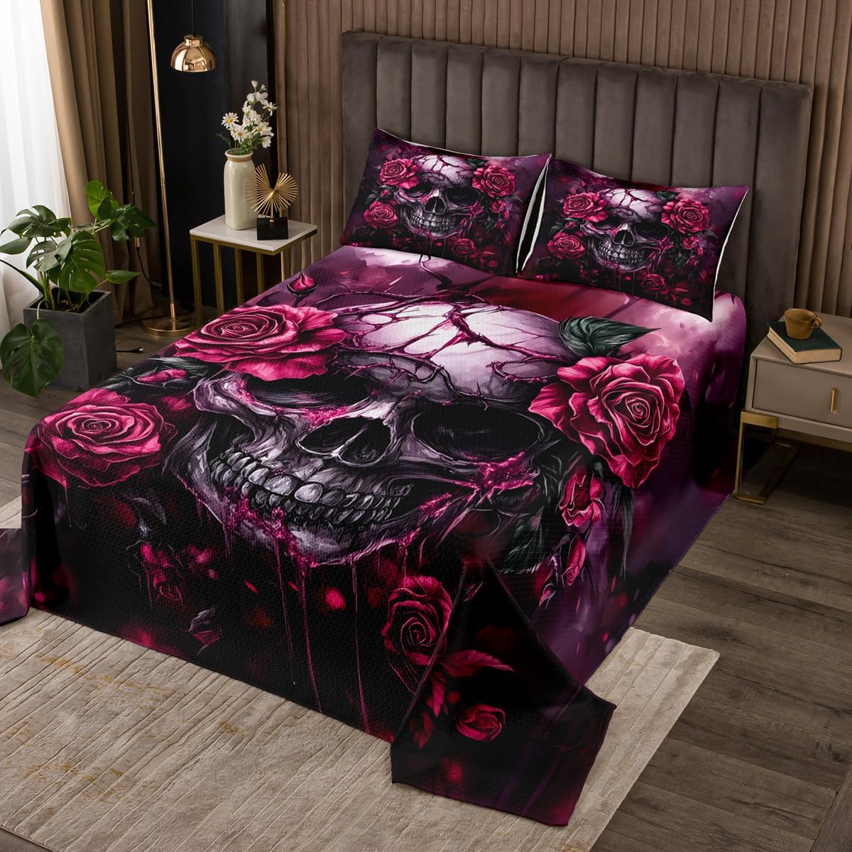 Erosebridal Pink Halloween Bedspread Set Sugar Skull Rose Flowers Quilt Sets Queen Size for Adults Men Women,Spooky Skeleton Gothic Coverlet Sets Pink Romantic Rose Floral Bed Set