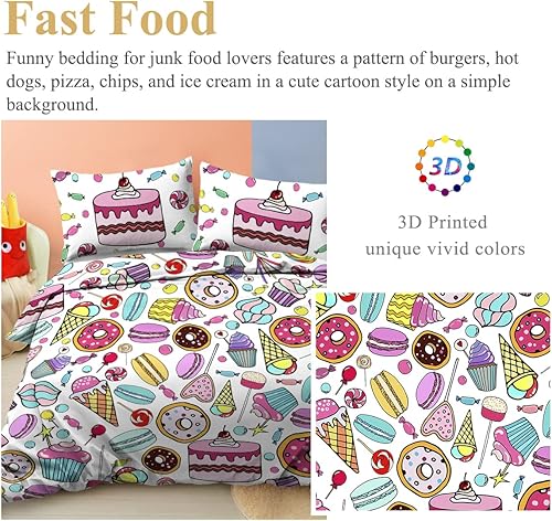 Miniatura 6 de Sweet Treats - Juego de ropa de cama femenina de 3 piezas con diseño de cupcakes, helado, caramelo, juego de funda de edredón de postre arcoíris