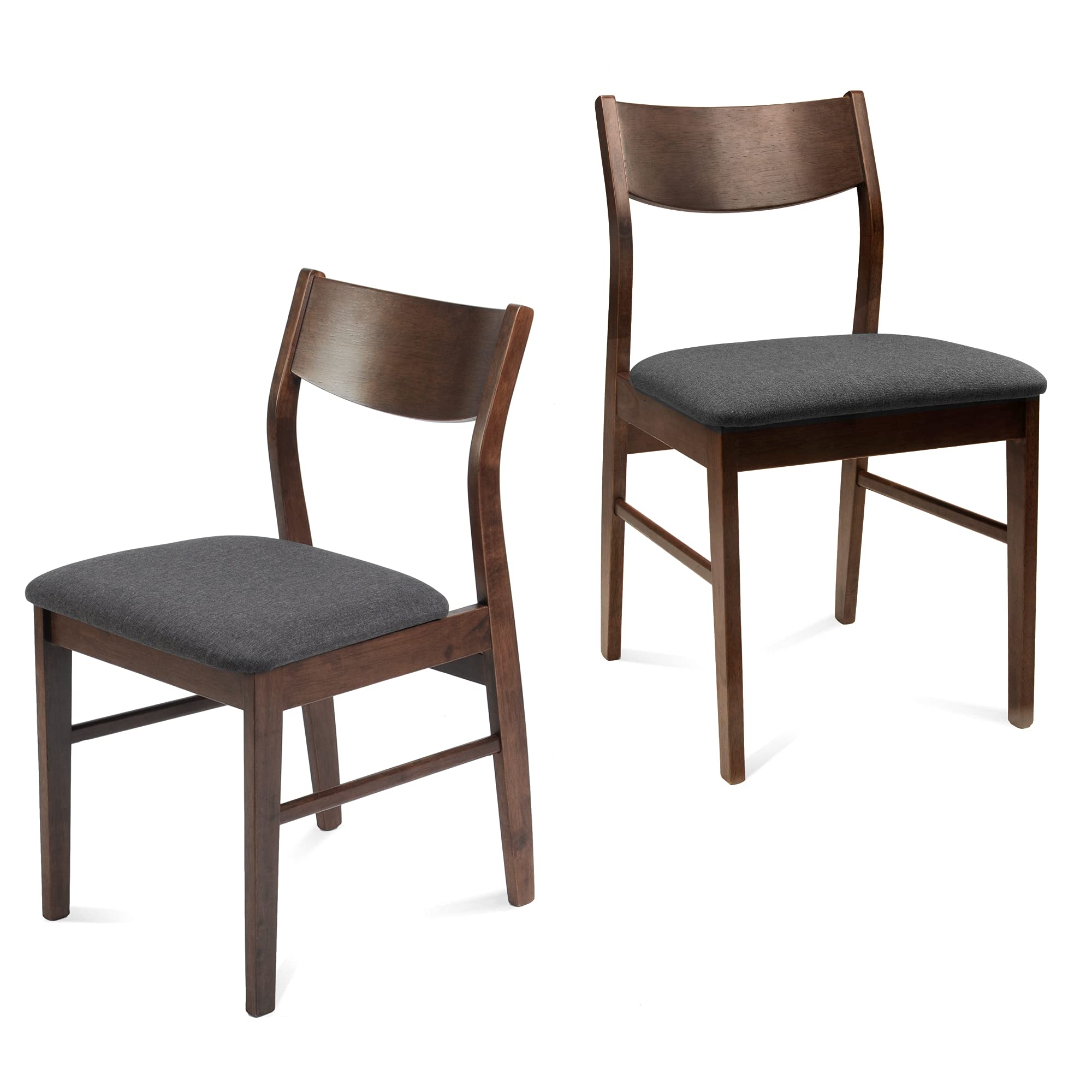 Koreyosh Wood Kitchen Dining Set of 2 Mid-Century Farmhouse Chairs With Upholstered Seat & Curved Backrest - Solid Wooden Brown