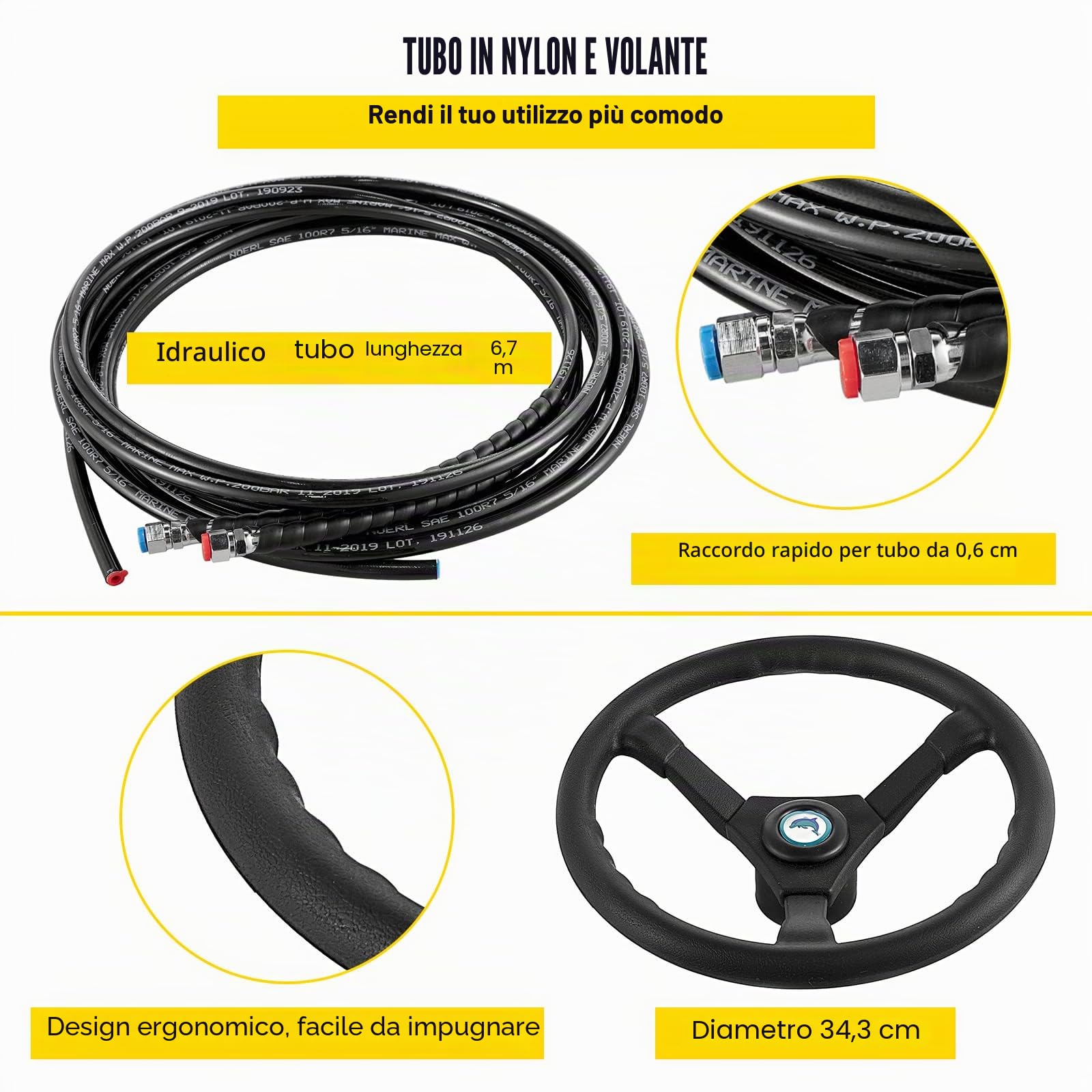 VEVOR Kit sterzo Idraulico fuoribordo 300HP, Kit sterzo Idraulico Pompa timone, Kit sterzo Idraulico per Barca con Tubo sterzo Idraulico da 22 Piedi per Sistema di sterzo Barca