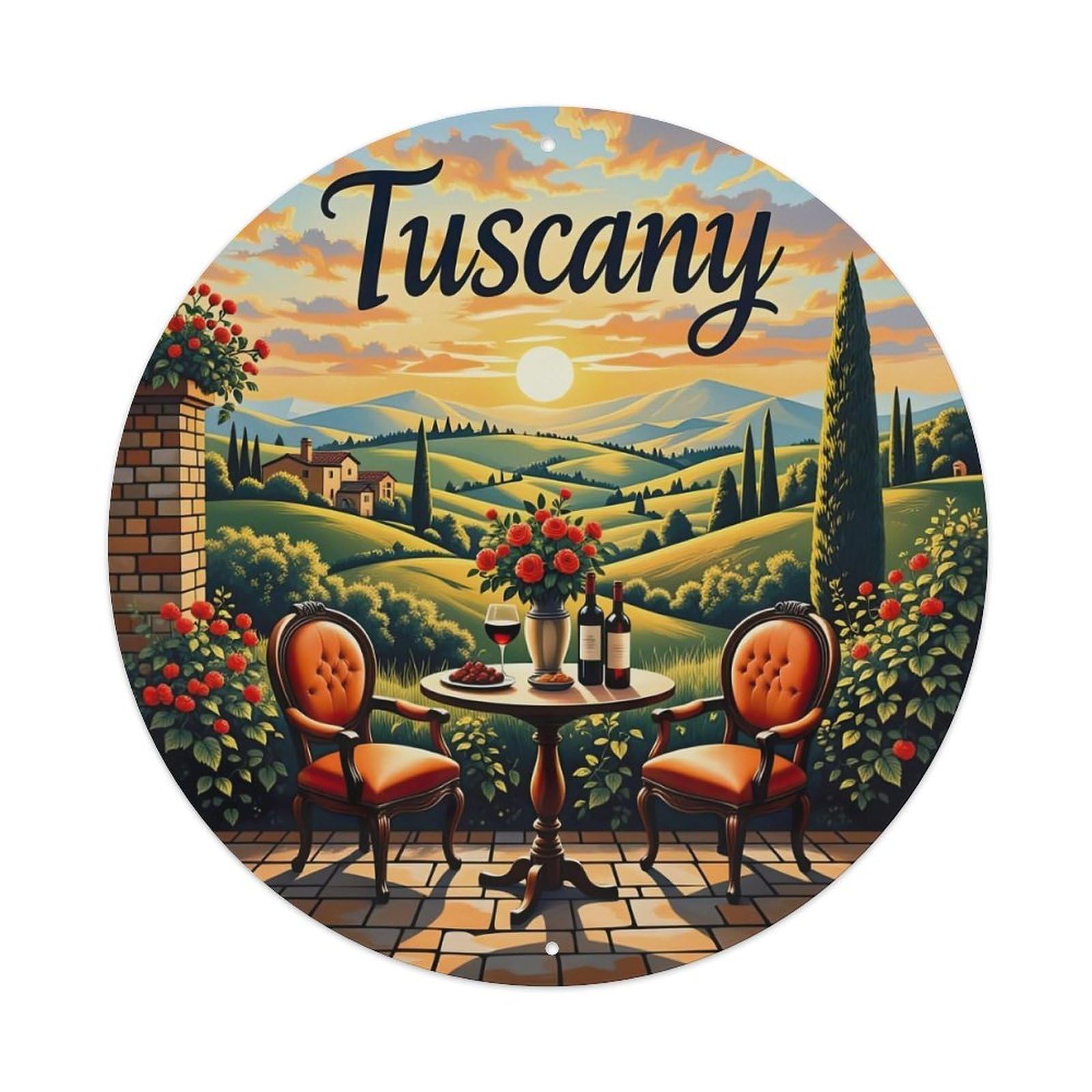 Tuscany Landscape Sunset Villa Chairs Metal Tin Sign