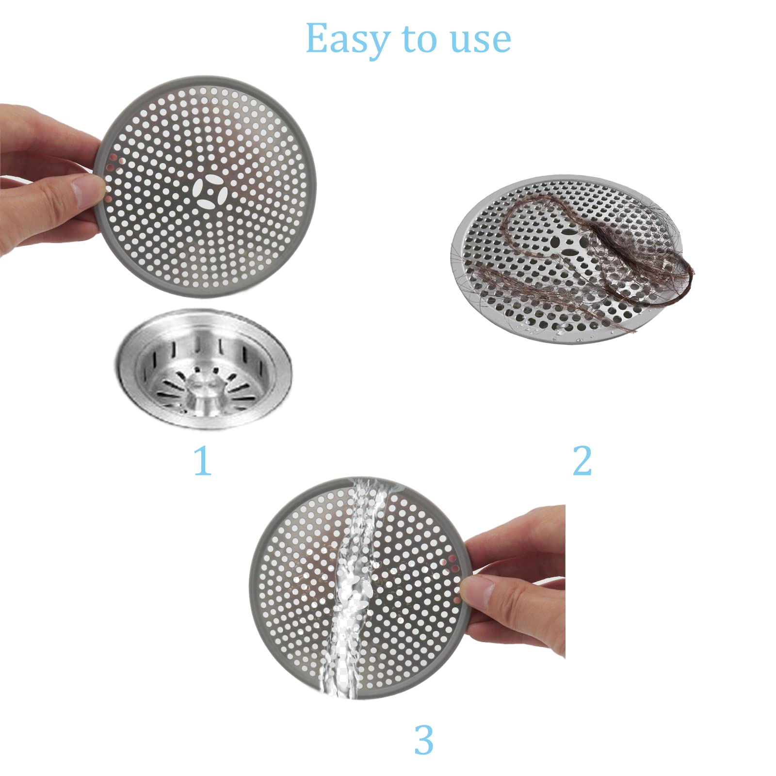 Confezione da 2 filtri per scarico doccia in acciaio inox e silicone per lavello, filtro di scarico per doccia, per prevenire lo scarico di zoccoli per pavimento, vasca, bagno, cucina, piatto