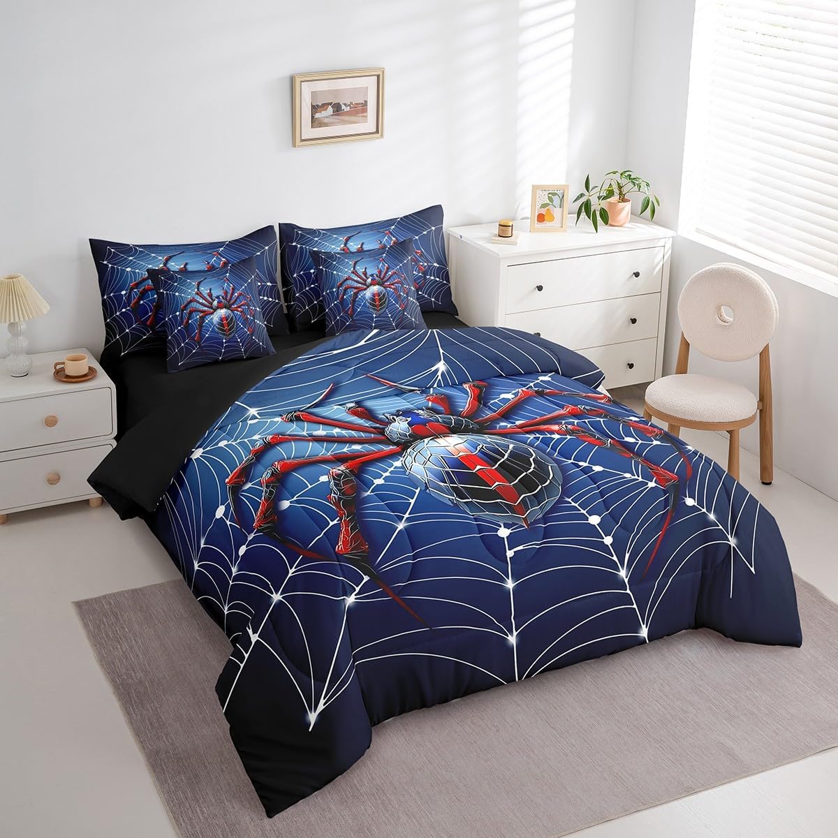 7 Pieces Spider Web Kids Comforter Full Size,Red Black Spider Arachnid Insect Animal Bedding Set,Happy Halloween Gothic Blue Fashion（Comforter+Fitted+Flat Sheet+2 Pillowcases+2 Throw Pillow Covers）