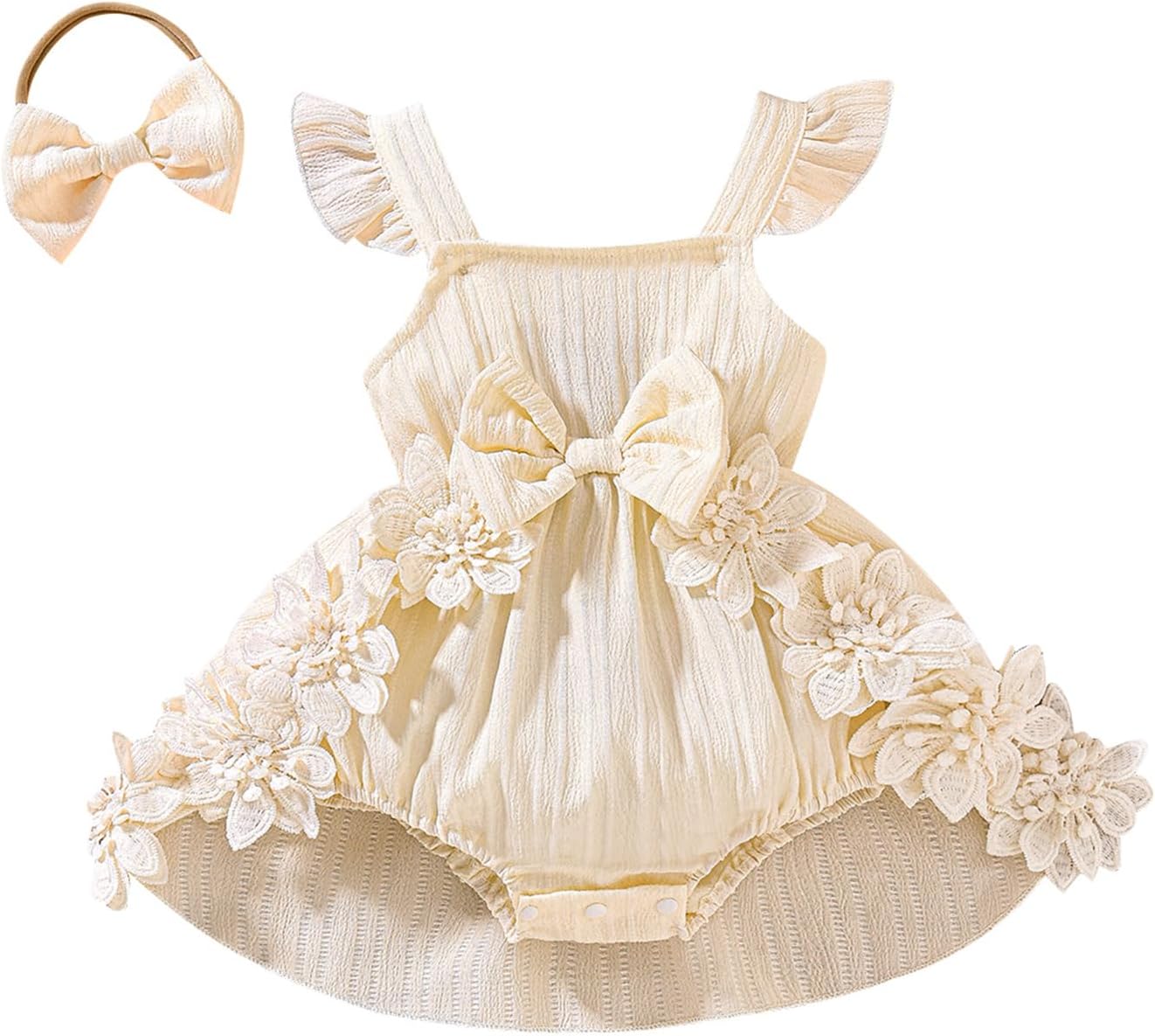 Douhoow Baby Girl Dress Romper Ruffle Sleeveless Bow Front Romper Dress with Headband Infant Girl Summer Clothes