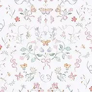 Ismoon Wallpaper Peel and Stick Pink Floral Wallpaper 17.3in x 6.56ft Green Leaf Contact Paper Vintage French Butterfly Wall Paper for Bedroom Kitchen Nursery Girls Room Removable Vinyl