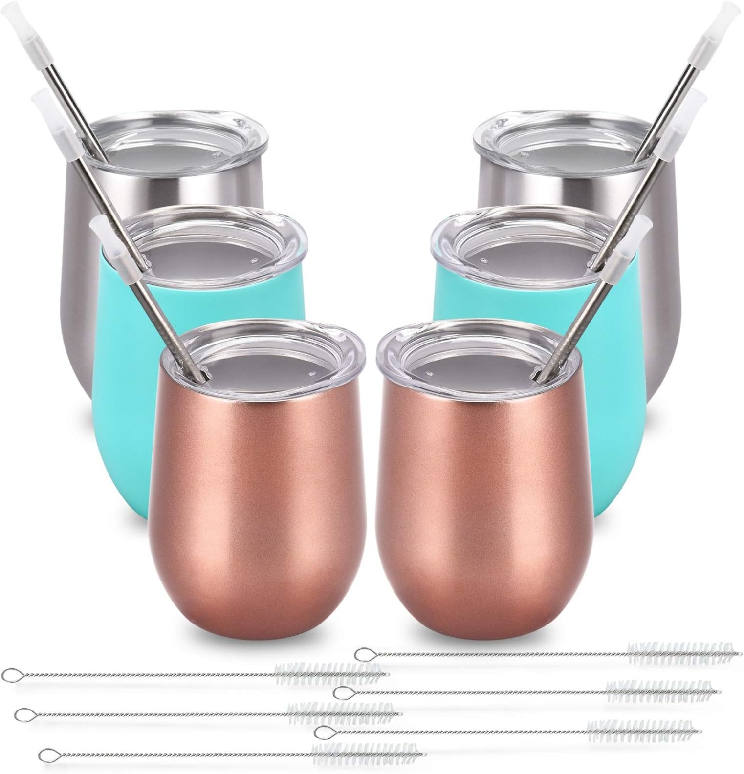 Stainless Steel Stemless Wine Tumbler Funny Wine Glasses with Lid and Straw Double Wall Vacuum Insulated Wine Cup for Wine, Champagne, Soda, Whiskey Set of 6 Rose Gold, Silver and Aqua Blue 12 Oz
