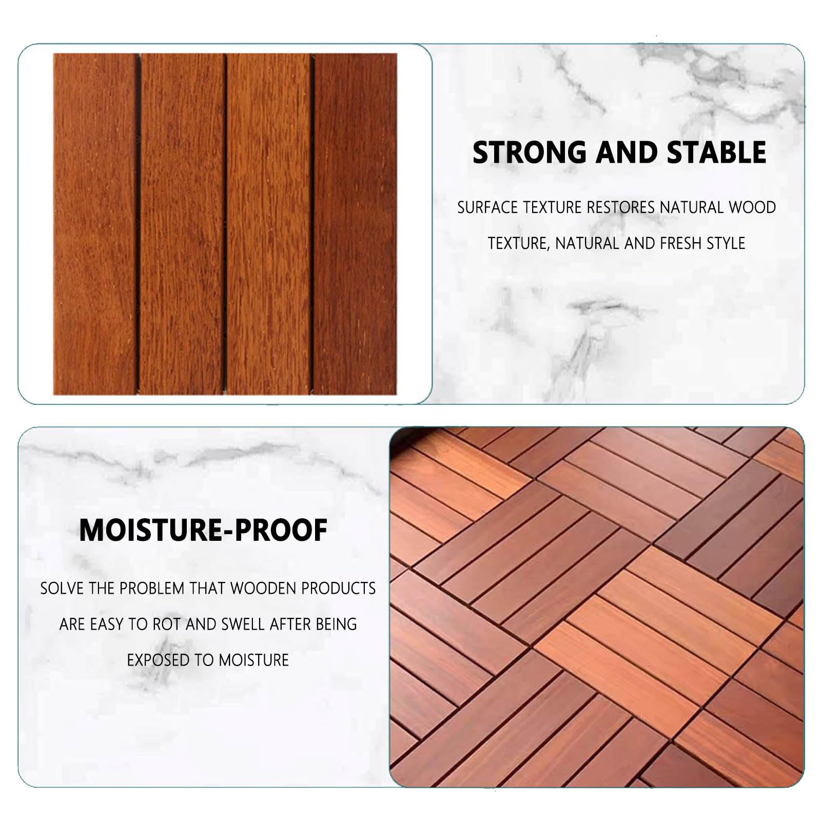 Hardwood Patio Tiles, Set of 11 Real Wood Tiles with Click System Drainage Balcony Tiles with for Outdoor Garden Balcony Roof 30 x 30 x 2.7 cm A