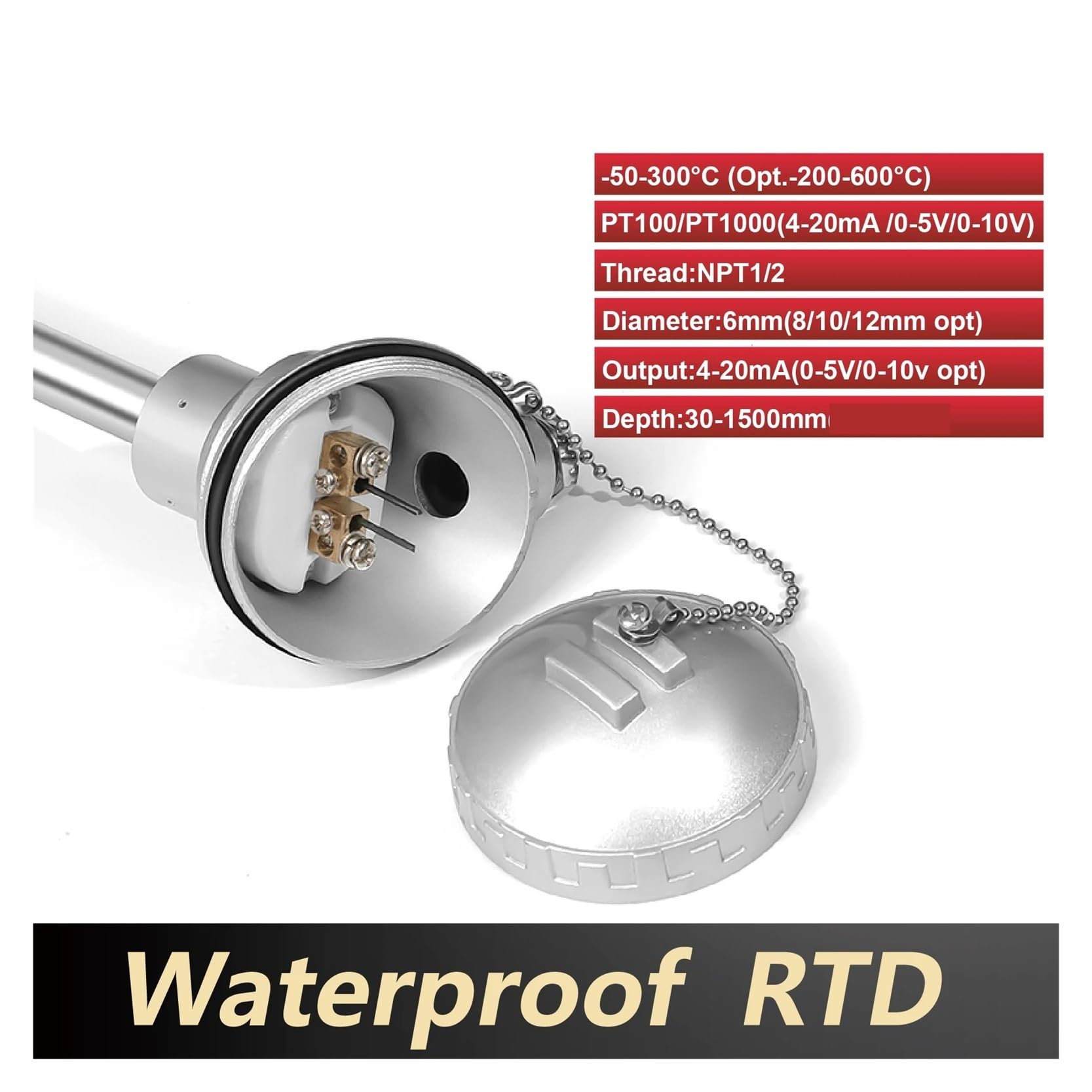 sensor Transmisor de temperatura PT100 RTD impermeable con salida de 4-20 mA y sonda de acero inoxidable for medición de líquidos.(4-20MA,250mm)