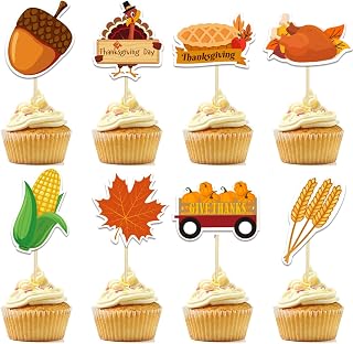 32Pcs Thanksgiving Cupcake Toppers, Assembled Fall Cupcake Toppers Food Decorations Give Thanks Cake Topper for Thanksgiving Day Fall Party Turkey Maple FatTonny Acorn Decoration Supplies