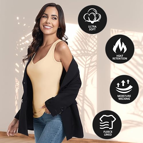 Miniatura 5 de WOWENY Camiseta sin mangas de forro polar térmico para mujer, sin mangas, cuello corazón, chaleco de invierno, ropa interior, camiseta cálida,
