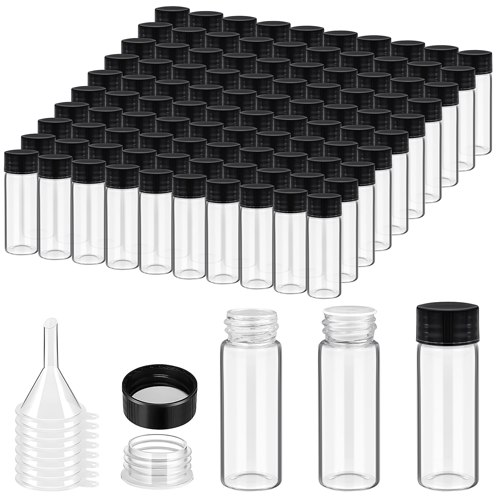 Confezione da 100 flaconcini in vetro trasparente da 20 ml, piccoli flaconi vuoti per campioni con tappo a vite e tappi, mini contenitori per reagenti a prova di perdite, con 10 imbuti per oli