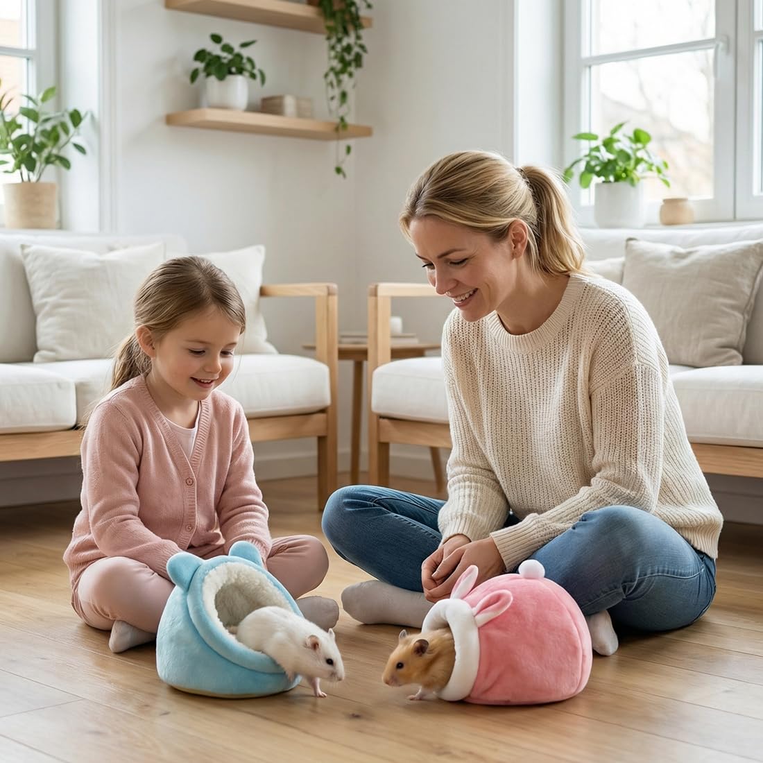 Set di 2 Letti per Animali Domestici per Porcellini d'India, Cincillà, Ricci – Confortevoli, Stampati con Cartoni, per Dormire, Inverno, Interno (Rosa e Blu)